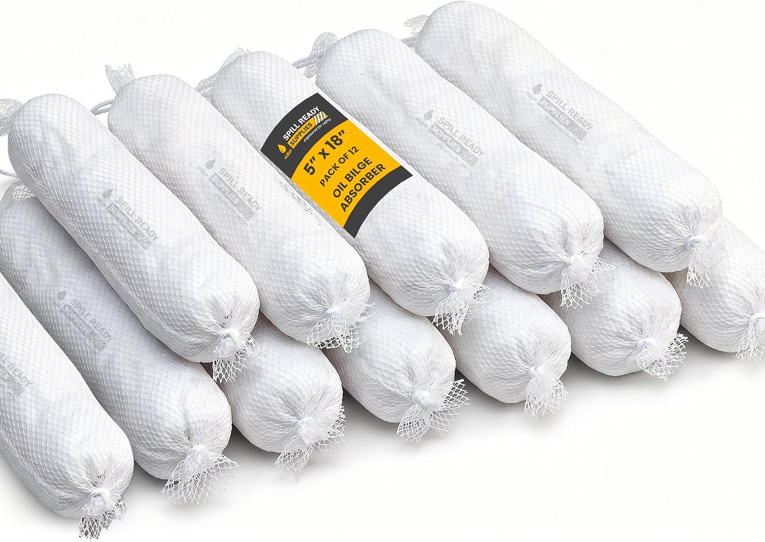 Spill Ready Oil Bilge Absorber 5" x 18" - Absorb Upto 26 gal. per Bag - Absorbs Fuel, Diesel, Oil, Gas - Oil-Only Bilge Boom for Boat Bilges, Sumps, Tanks, and Tight Leak Areas (12-Pack)