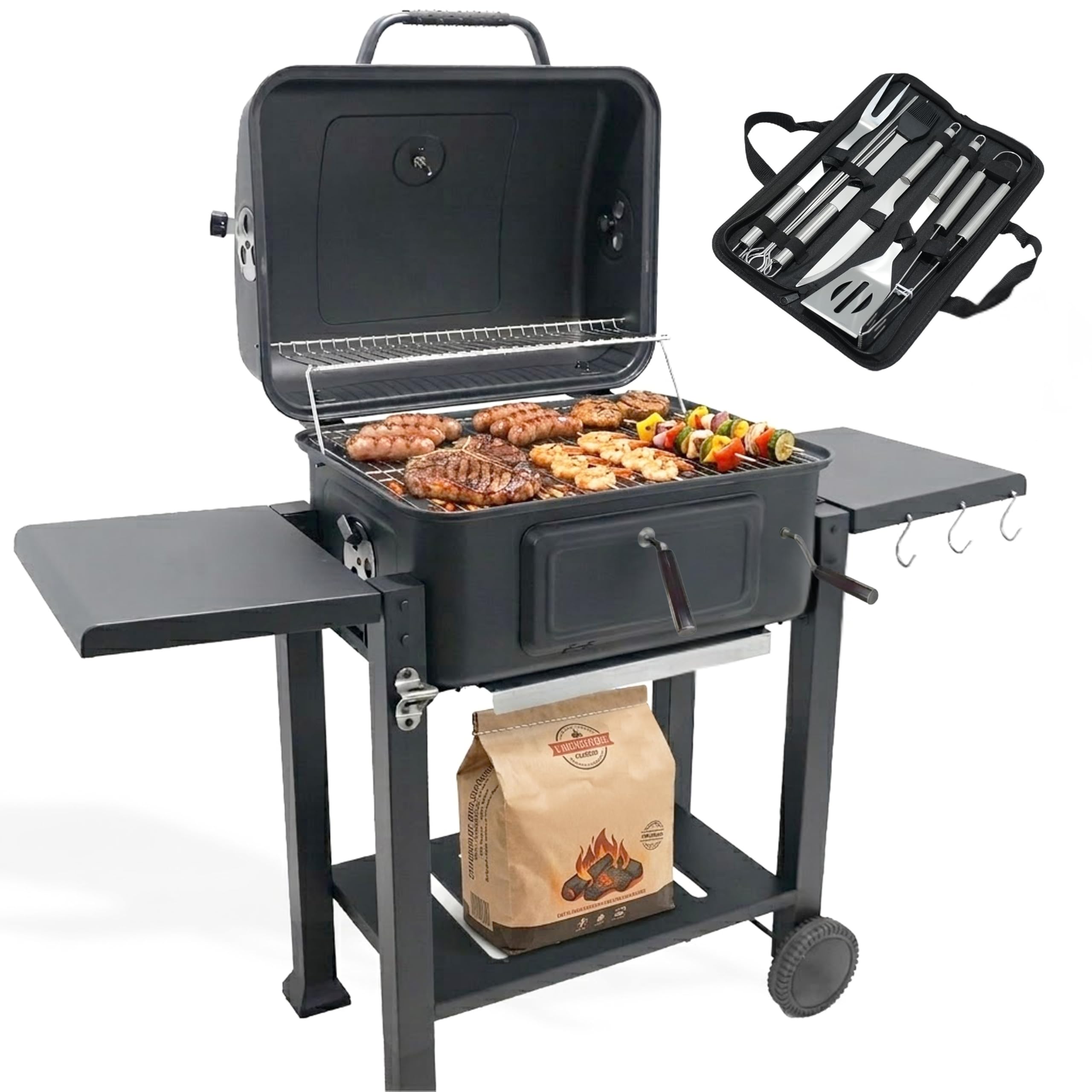Ravigarden Barbecue Charbon de Bois avec Couvercle | Hauteur de Braise Ajustable | Grille de Cuisson XL 54x43 cm | 2 Tablettes Latérales Rabattables | Ustensiles Offerts | Récupérateur de Cendres