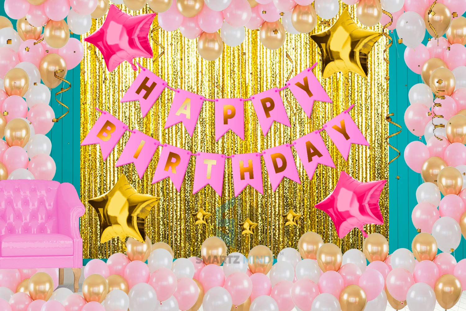 Smartz Minds Happy Birthday Banner Pink with 30pc Mettalic Balloon (Pink, Golden, White)+ 2pc Golden + 2pc Pink Star Foil Balloon + Fringe Curtain + 1pc Multipurpose Ribbon for Birthday Decoration