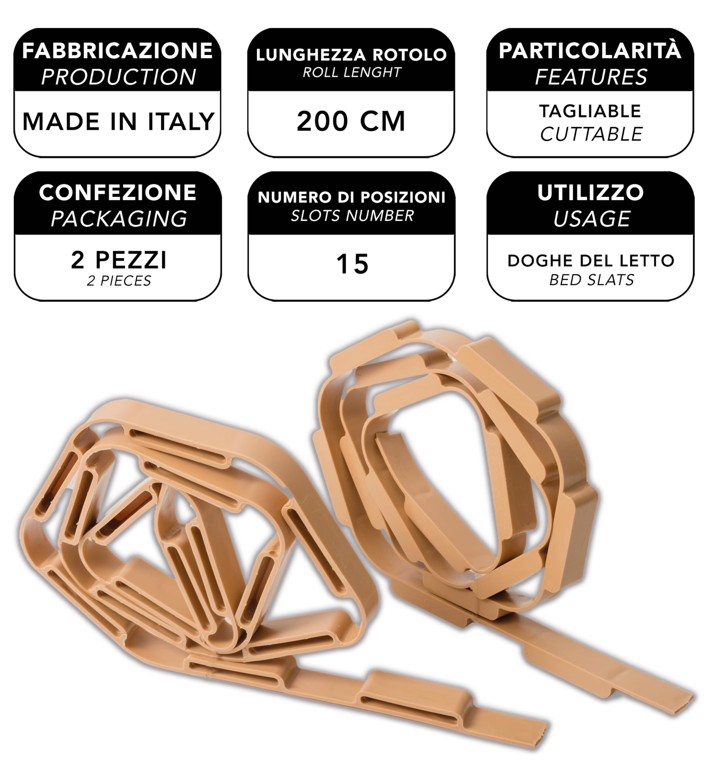 IPEA Rolki do łóżka 200 cm Made in Italy - 2 sztuki - plastikowe paski podtrzymujące - Możliwość skrócenia - 15 miejsc na listwy - podstawa łóżka