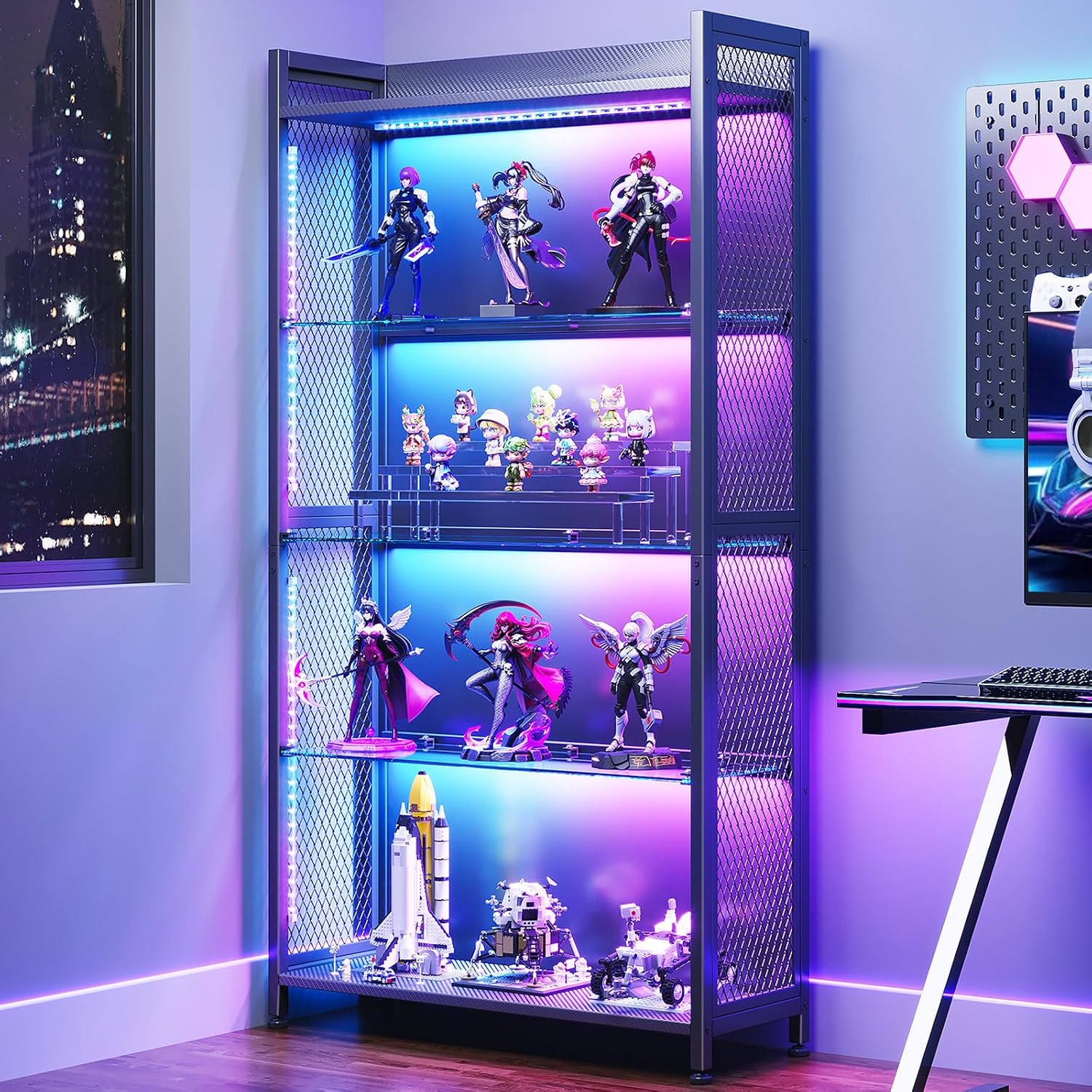 AODK Display Case with Glass Shelves, RGB Light 4-Tier Display Cabinet