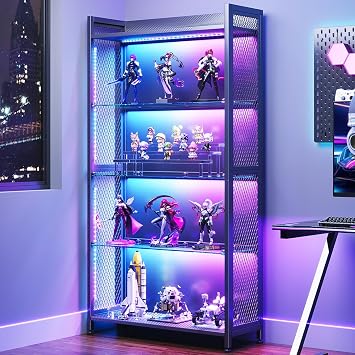 AODK Display Case with Glass Shelves, RGB Light 4-Tier Display Cabinet