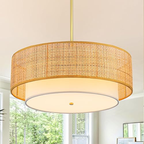 SineRise Candelabro de ratán de 18 pulgadas, lámpara colgante grande bohemia de 3 luces, candelabros tejidos a mano para comedor con pantalla de