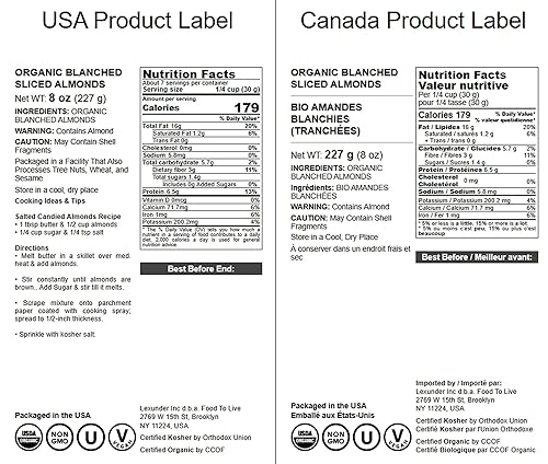 Miniatura 9 de Almendras en rodajas blancadas orgánicas 12 onzas - sin OMG crudo sin pasteurizar sin sal ceto paleo kosher granel alto en proteínas fibra dietética