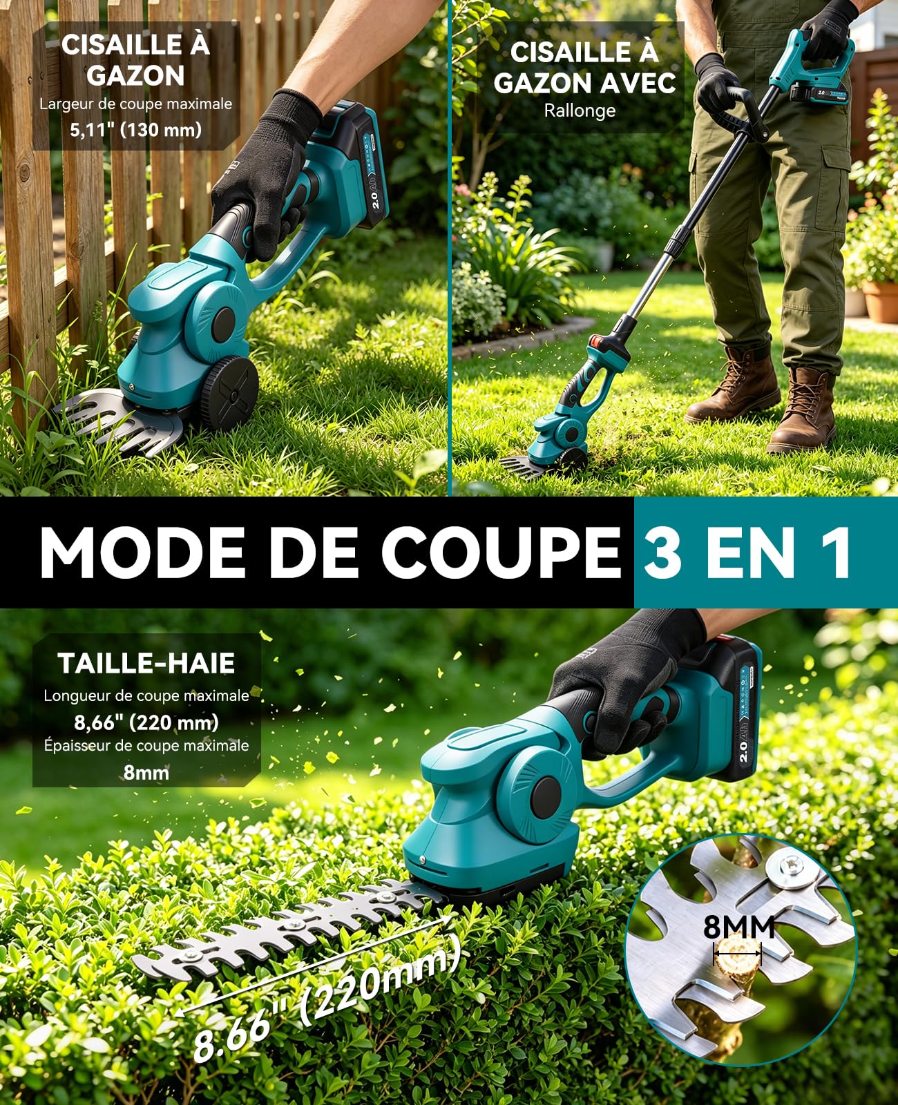 Coupe Bordure sans Fil 3 en 1, Cisaille à Gazon & Taille Haie avec Batterie 2X2000mAh, Perche Télescopique
