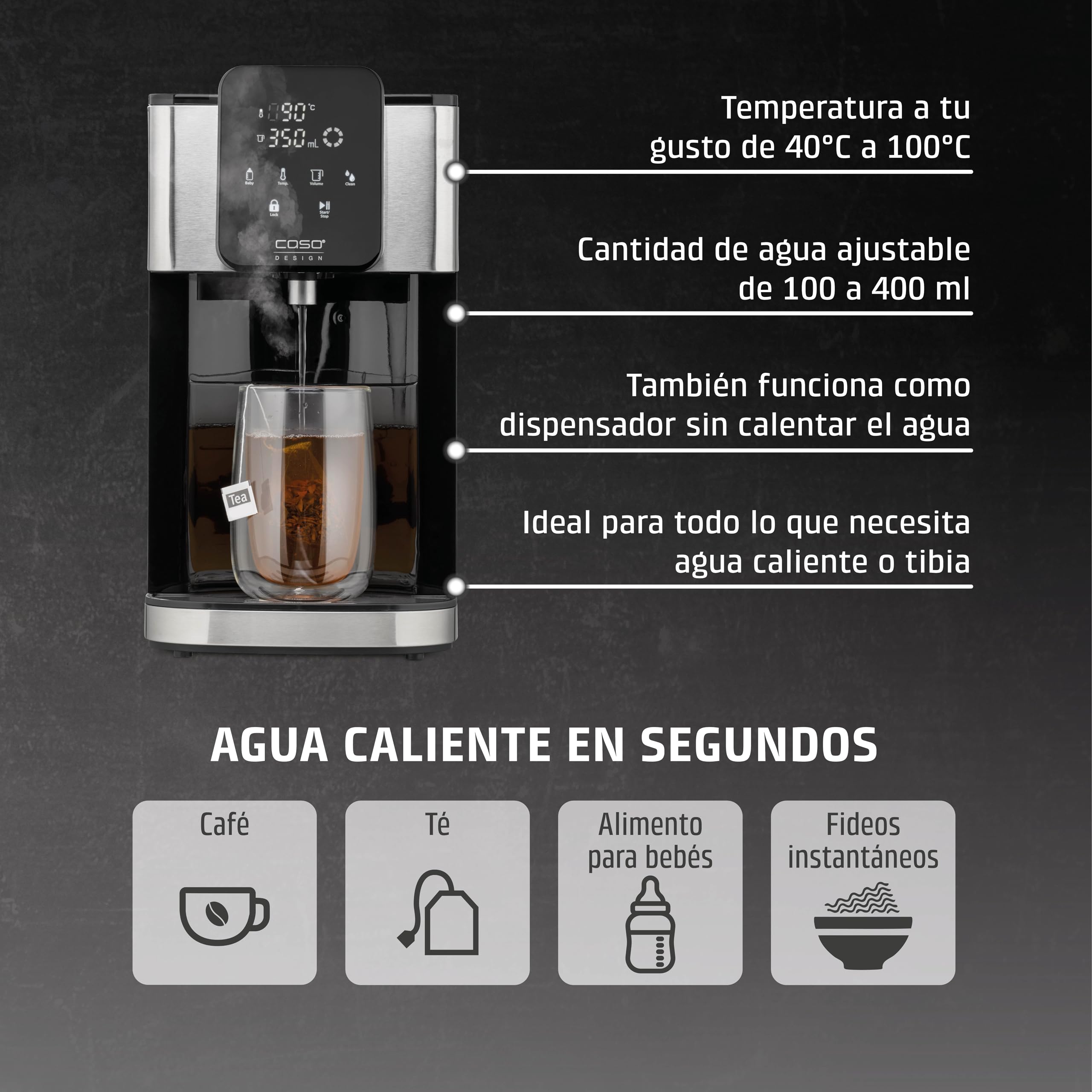 Caso HW 1660 - dispensador de Agua Caliente 4L - hervidor de Agua electrico - Agua Caliente en Segundos - Temperatura 40°C a 100°C - 7 cantidades de Salida - Filtro Antical y Anti Impurezas