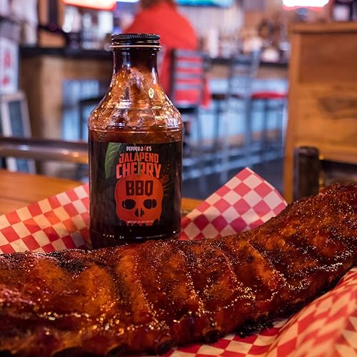 Miniatura 10 de Pepper Joe's Salsa BBQ de cereza jalapeño  Salsa barbacoa dulce y picante con cerezas agrias del medio oeste, trozos de jalapeños maduros y