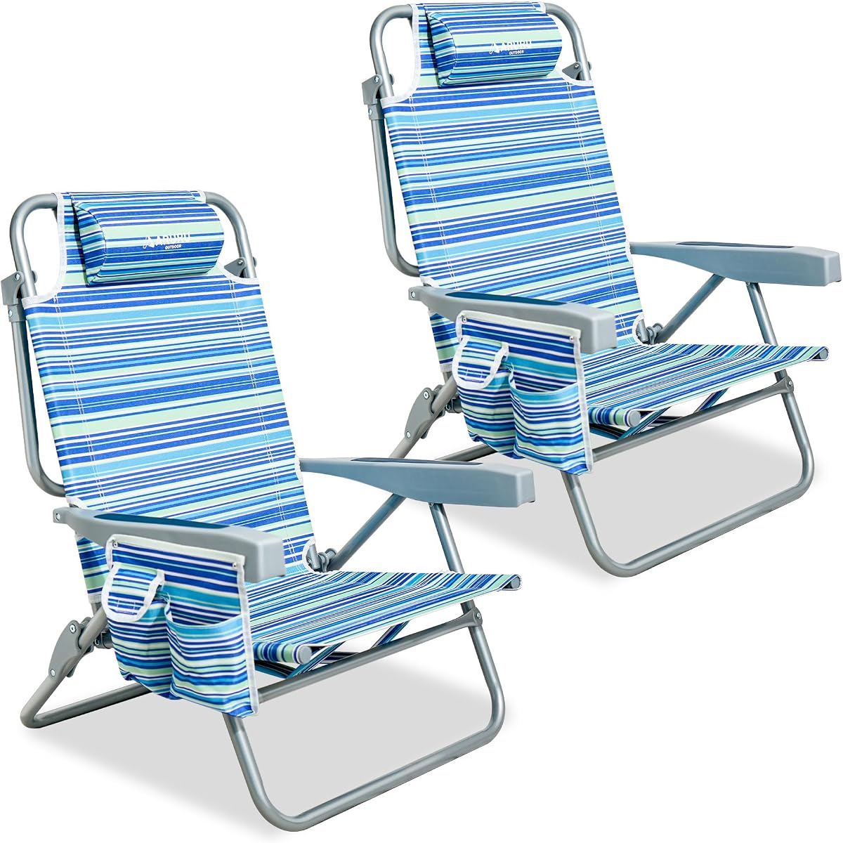 Beach Chairs for Adults 2 Pack, Portable Folding Backpack Beach Chair Heavy Duty 5-Position Lay Flat with Cooler Bag, Cup Holder for Outdoor/Lawn/Picnic/Camping