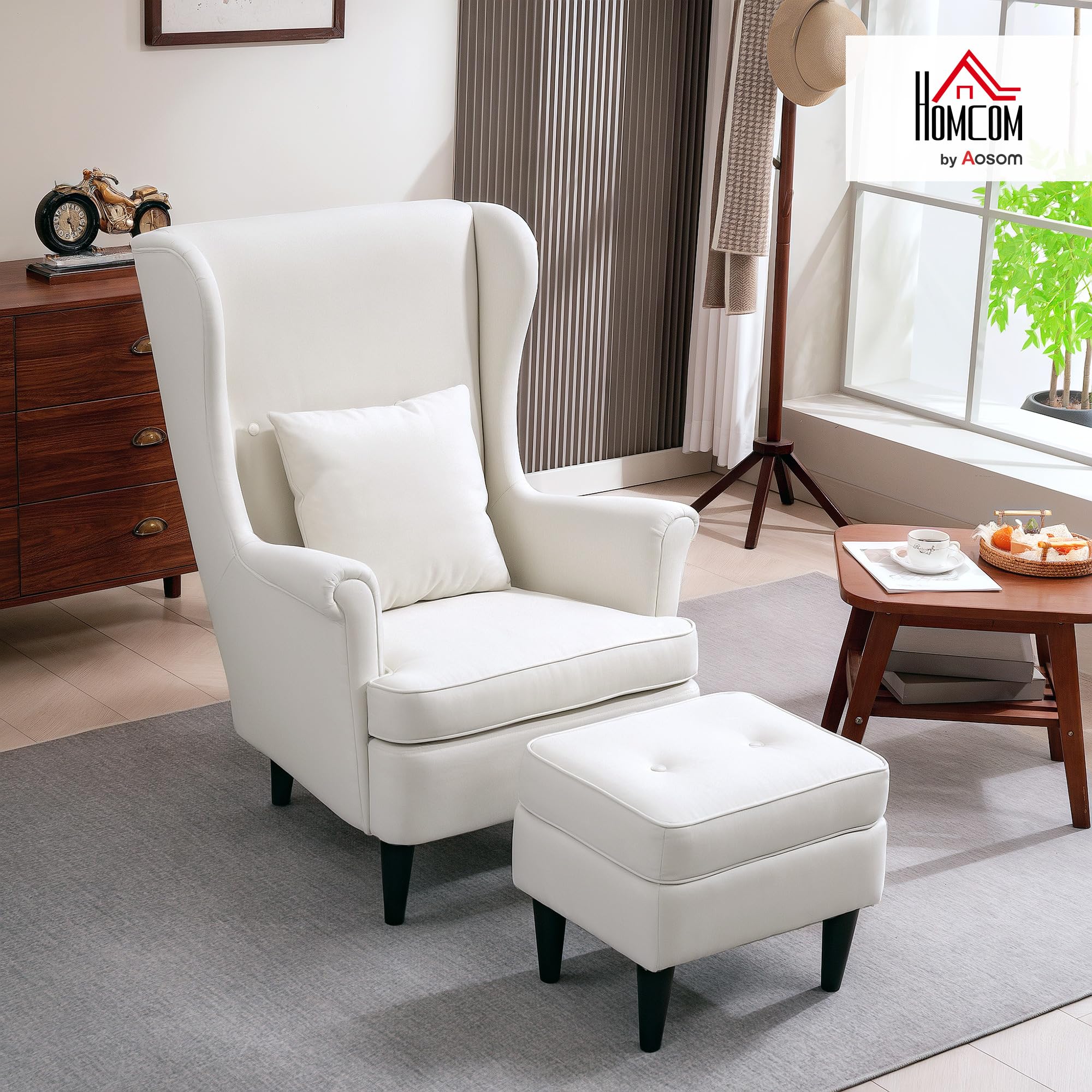 HOMCOM Sillón con Reposapiés Sillón Lectura con Respaldo Alto Beige | Capitoné, Patas de Madera, Almohada Acolchada, Tapizado en Lino, Butaca para Salón Dormitorio Oficina