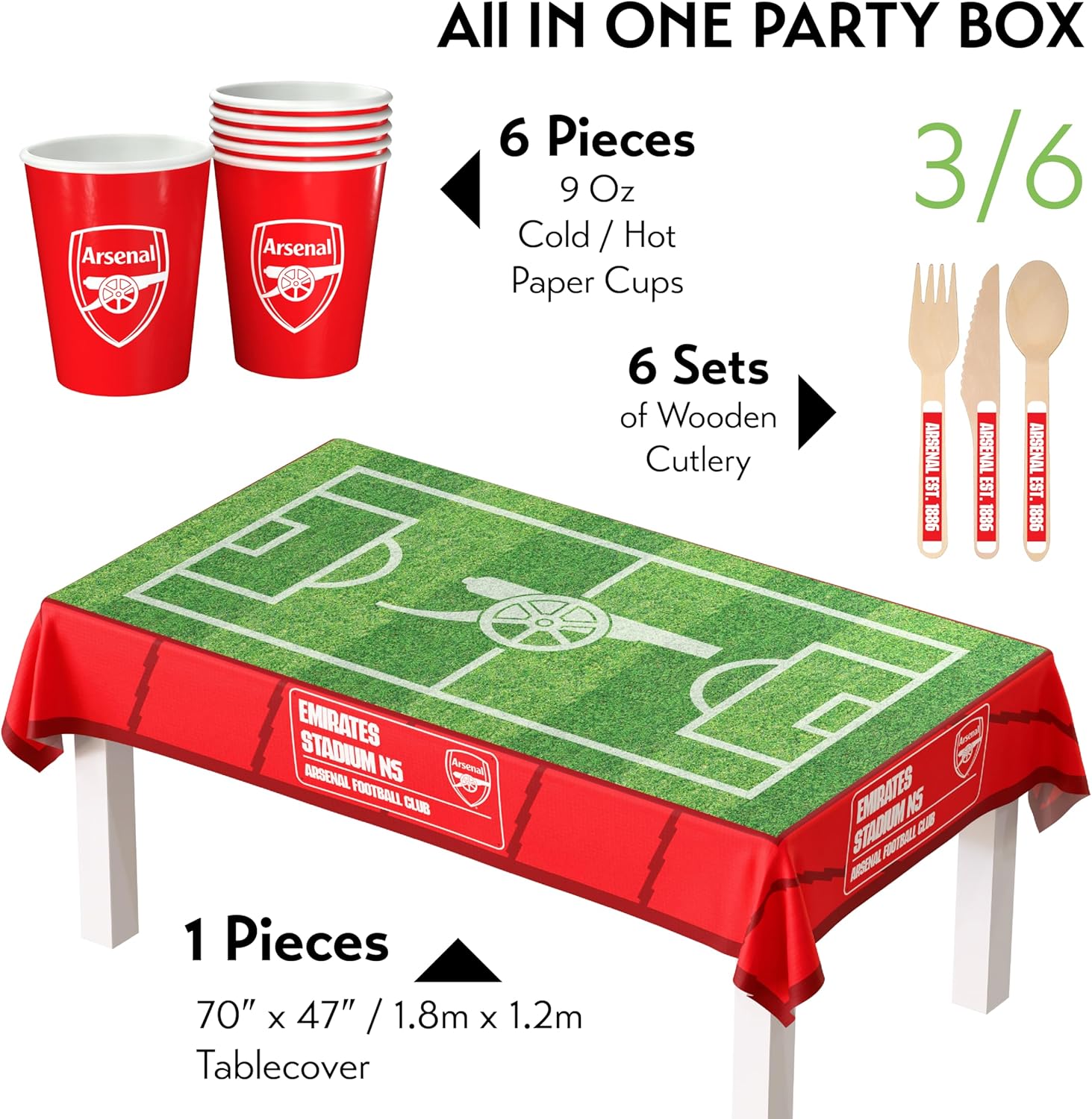 Arsenal soccer team Official licensed Party Supplies Box, 77-Piece All-in-One Set for 6 Guests, Disposable Tableware with Plates, Cups, Cutlery, Jersey Foil Balloons, Decorations