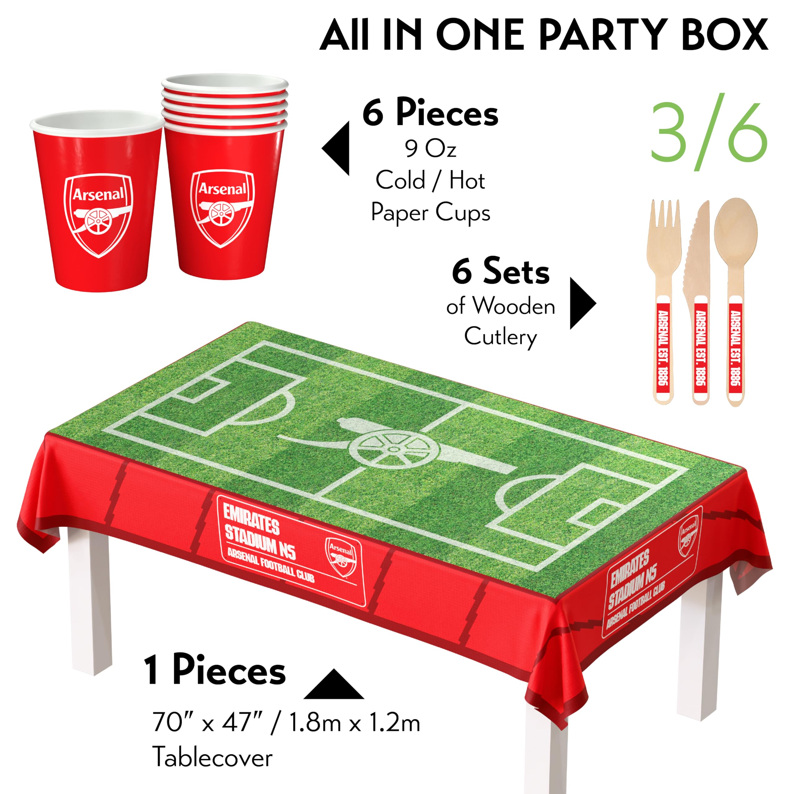 Arsenal FC Coffret de Fête Officiel 77 Pièces | Kit Tout-en-Un pour 6 Invités avec Vaisselle Jetable, Ballons Maillot, Décorations & Accessoires | Idéal Matchday & Anniversaire