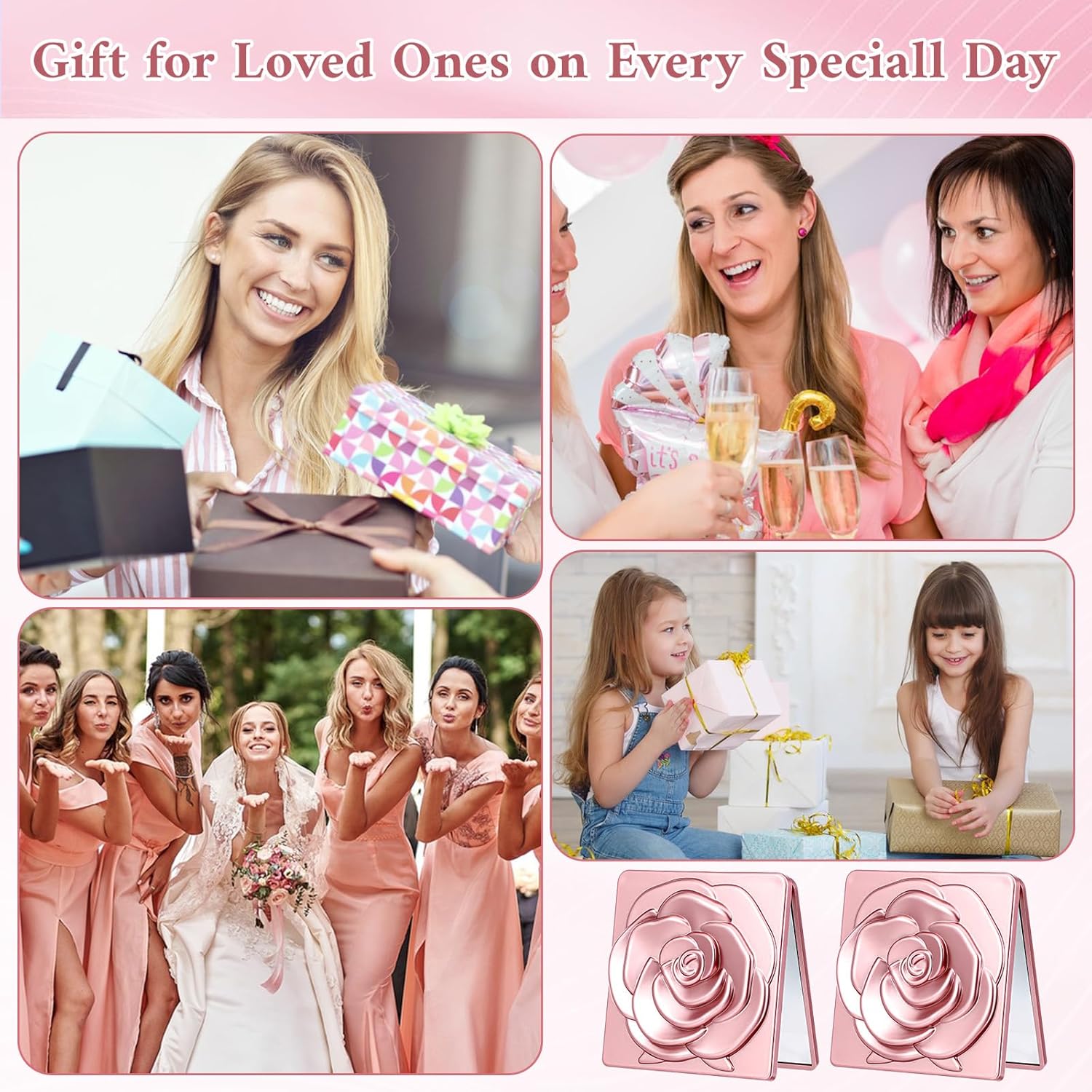 MAQUITA 20 Sets Christmas Rose Compact Mirror Gifts Bulk Pocket Mirror with Thank You Tags and Organza Bag for Women Holiday Wedding Bridal Shower Quinceanera Party Favors Souvenir Gifts, Rose Gold