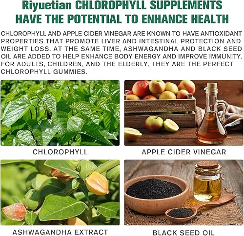 Miniatura 5 de Gomitas de clorofila sin azúcar, con ACV sin filtrar y vitamina C, B12, impulso de energía, apoyo inmunológico y digestión, desodorante natural,