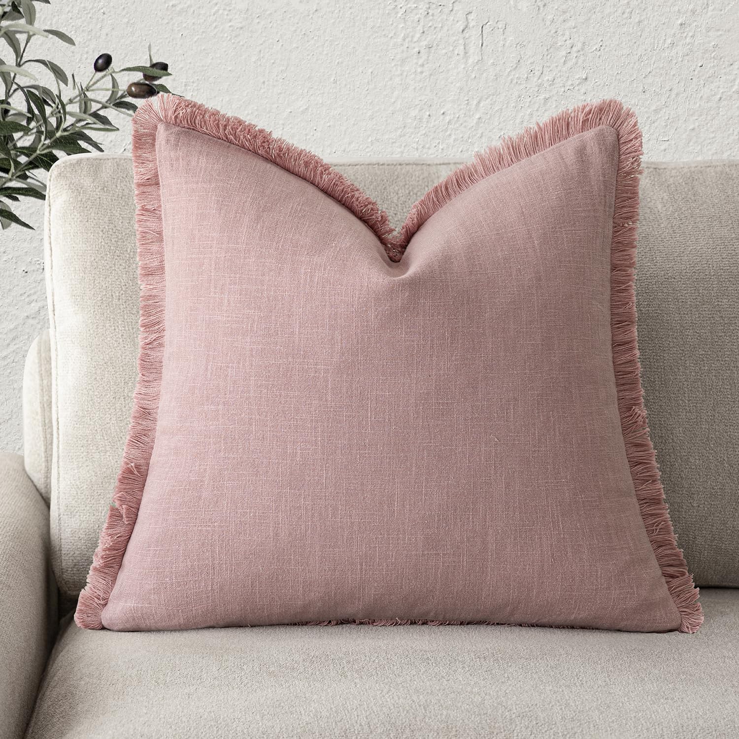 Foindtower Decorative Linen Fringe Throw Pillow Covers Cozy Boho Farmhouse Cushion Cover with Tassels Soft Accent Pillowcase for Chair Sofa Bed Living Room Home Decor, 18×18 Inch,1PC,Rose Pink