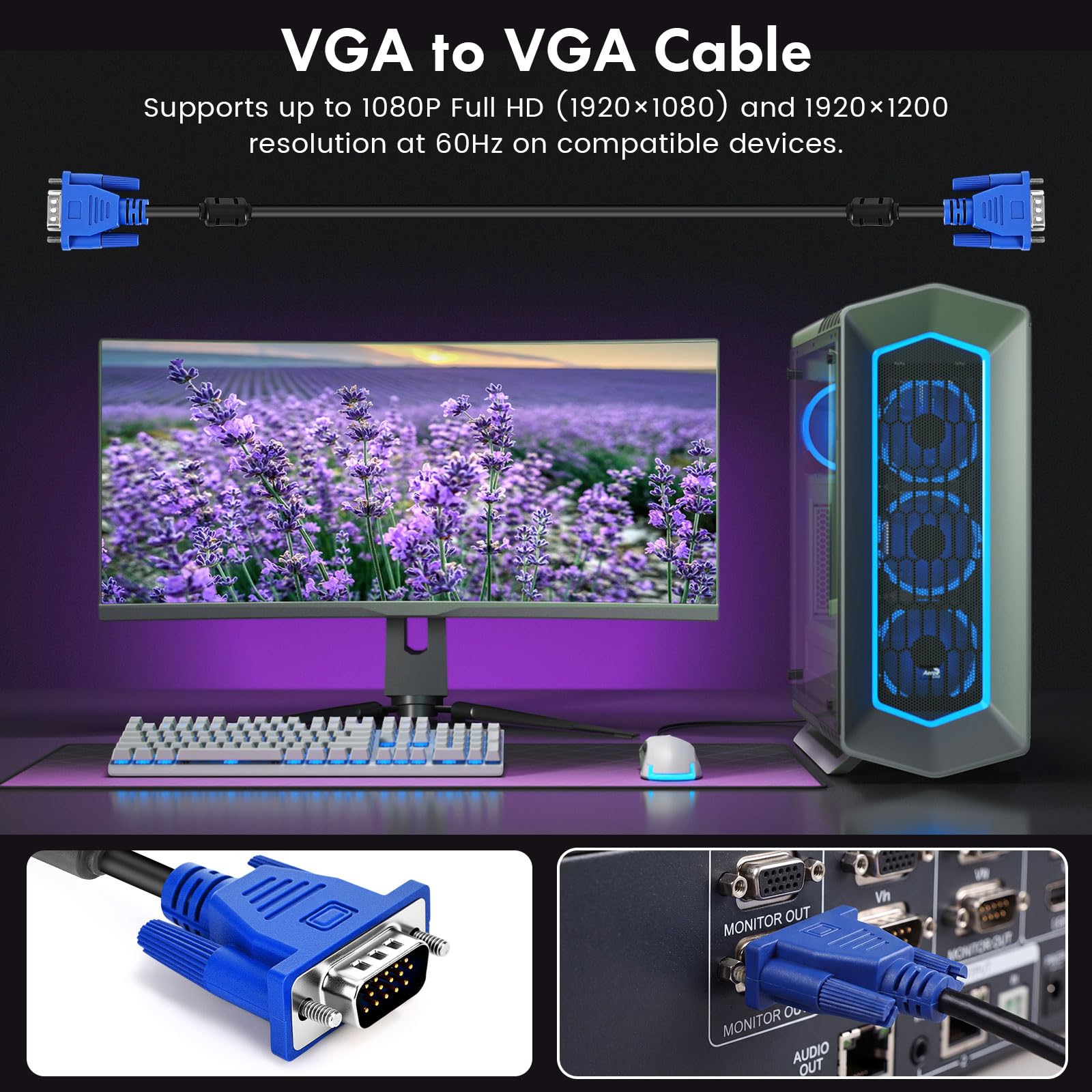 Sabary Confezione da 20 cavi VGA da 1,5 m HD15 maschio a maschio, ad alta velocità, 1080p FHD 60 Hz, adattatore video ad alta risoluzione per monitor, TV, PC, proiettore, console di gioco, confezione