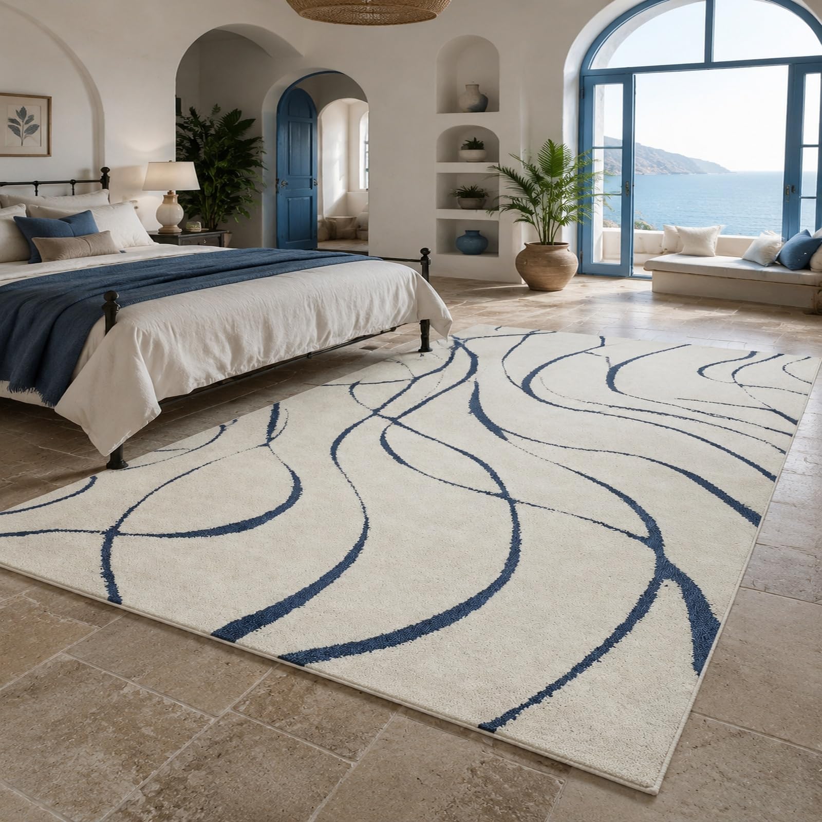 Tapis moderne lavable bleu et beige 150x150 cm anti-glisse