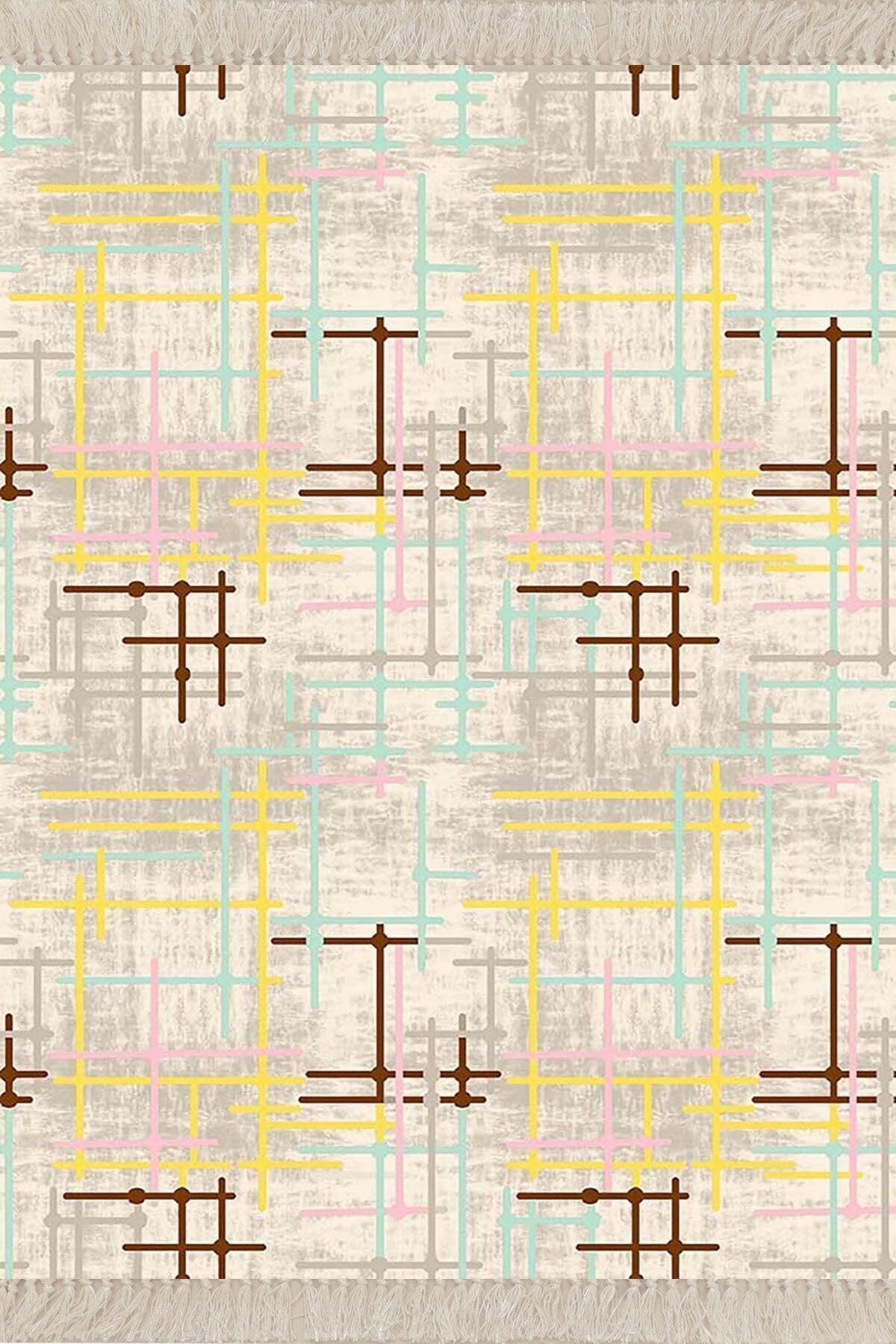 Pelangi Geometrik Çizgi Desenli Dijital Baskı Yıkanabilir Kaymaz Taban Etnik Kilim Desen Salon Halı, Beyaz 80 x 50