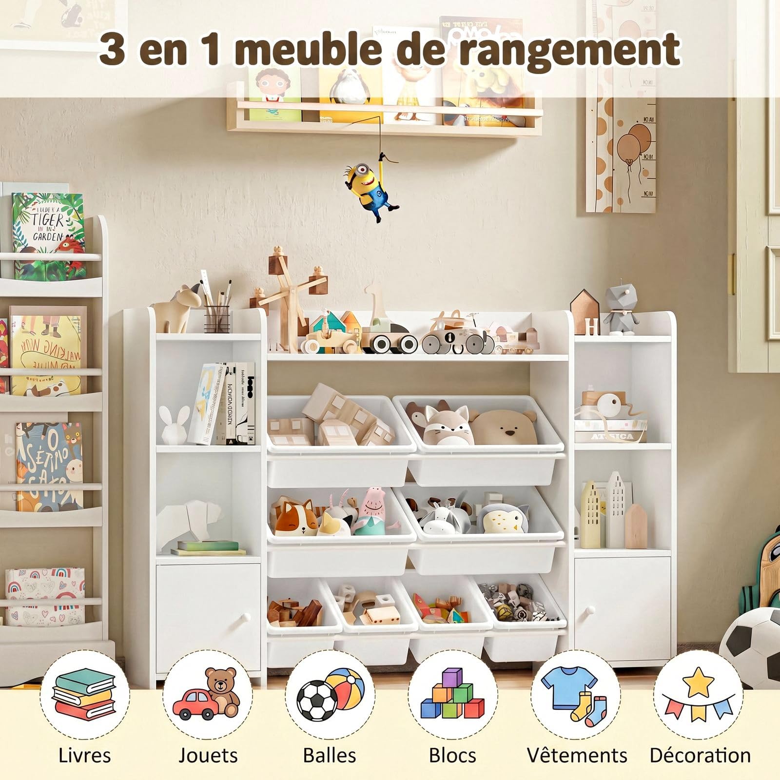 FOREHILL Meuble de Rangement Jouets Enfant Bibliothèque Enfant avec 8 Boîtes Amovibles 9 Étagères Organisateur de Jouets pour Chambre d’Enfant Salle de Jeu Blanc