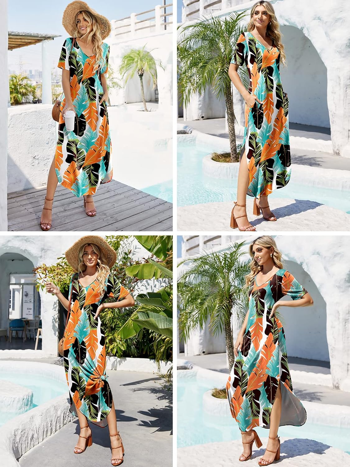 Women's Casual Loose Sundress Short Sleeve V Neck Long Dress Split Maxi Summer Beach Dress with Pockets - Image 4