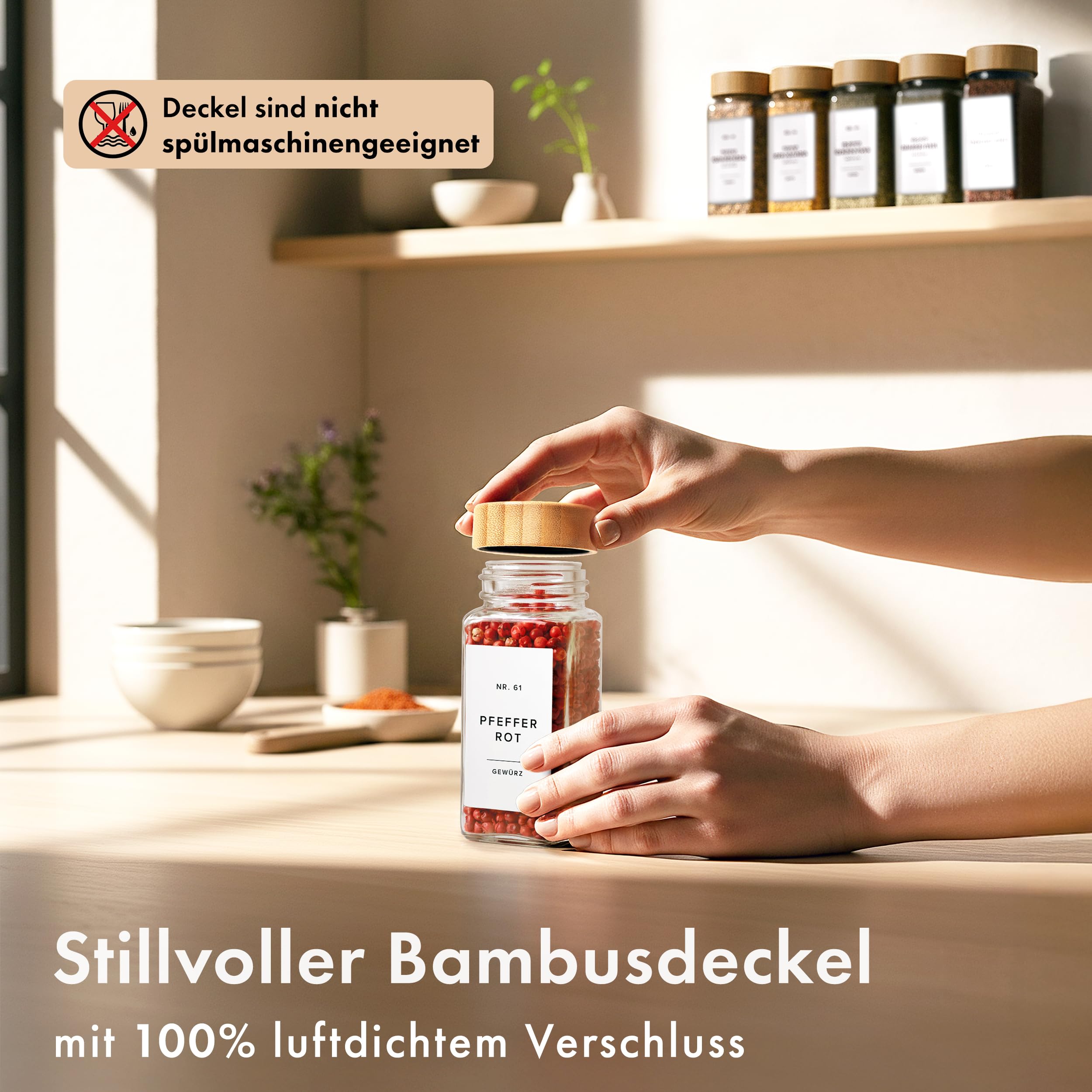 EDELHAUS Gewürzgläser Eckig Set mit Bambusdeckel (24 x 120ml) Gewürzstreuer mit Streueinsatz und 240 Etiketten Weiß - Holzdeckel Gewürzbehälter, Gewürzdosen, Gewürze organizer [11cm x 4,5cm]