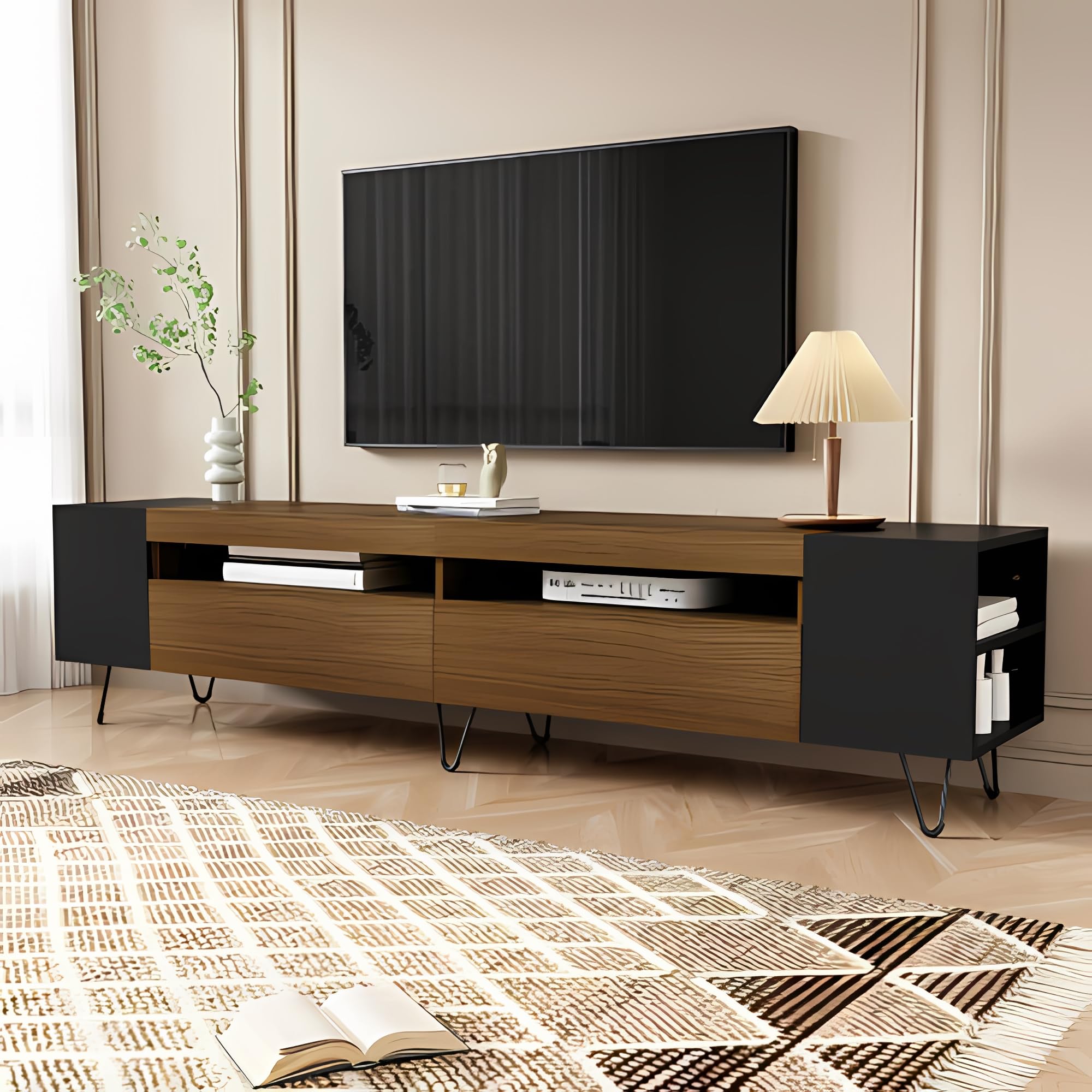 TV Schrank 160cm mit offenen Ablagen und Stauraumbereich lowboard in Holzoptik mit Metallfüßen geeignet fernsehschrank für Wohnzimmer Schlafzimmer Moderne tv Board Schwarz