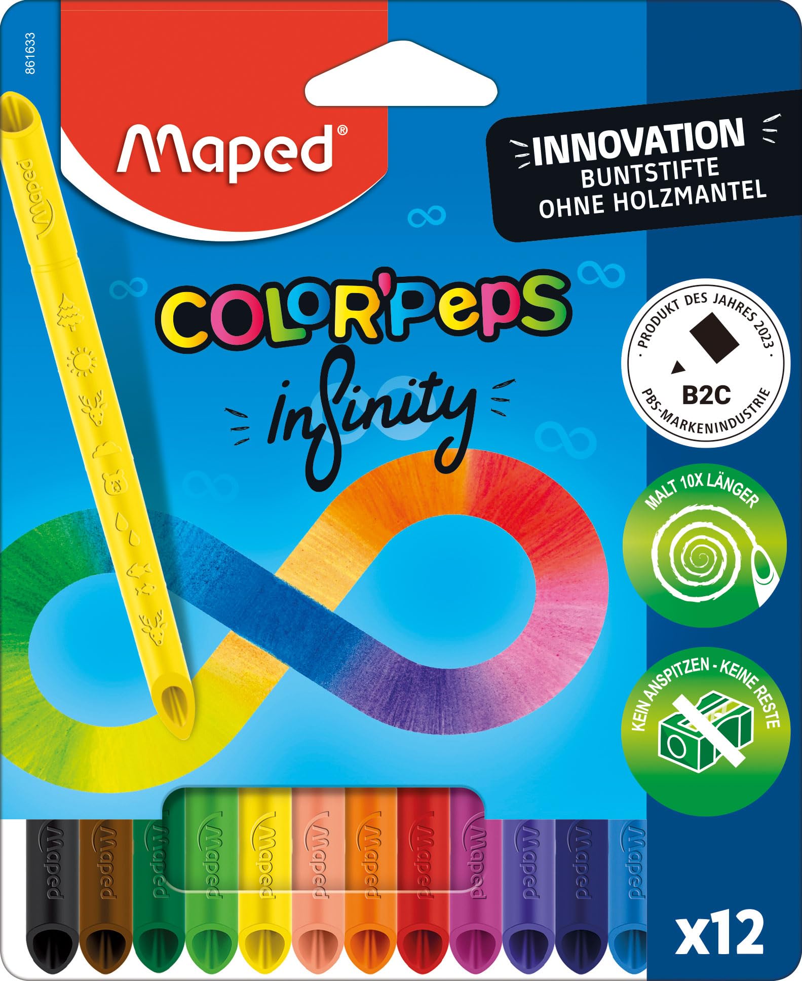 Color'Peps Infinity Colouring Pencils - 100% Coloured Lead, 100% Usable - Zero Waste - No Sharpening - Very Durable - Ergonomic Triangular Shape - Set of 12 Pens