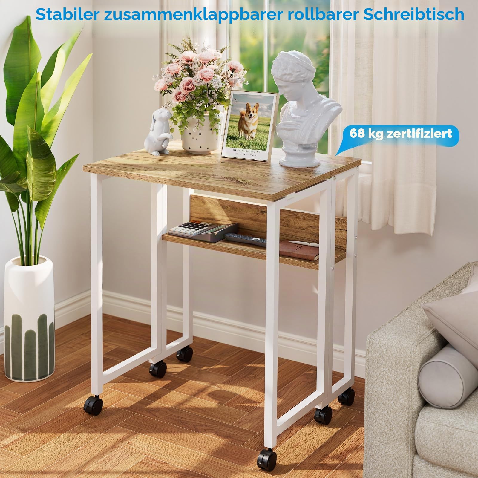 GreenForest Kleiner Schreibtisch Klappbar mit Rollen, 63 cm Klappbarer Schreibtisch, Platzsparend & Einfache Montage – für Homeoffice, Studenten & kleine Räume, Beige | Mit platzsparendem Regal, tragbar, einfach zu montieren, für Heimbüro, Studio, Basteln
