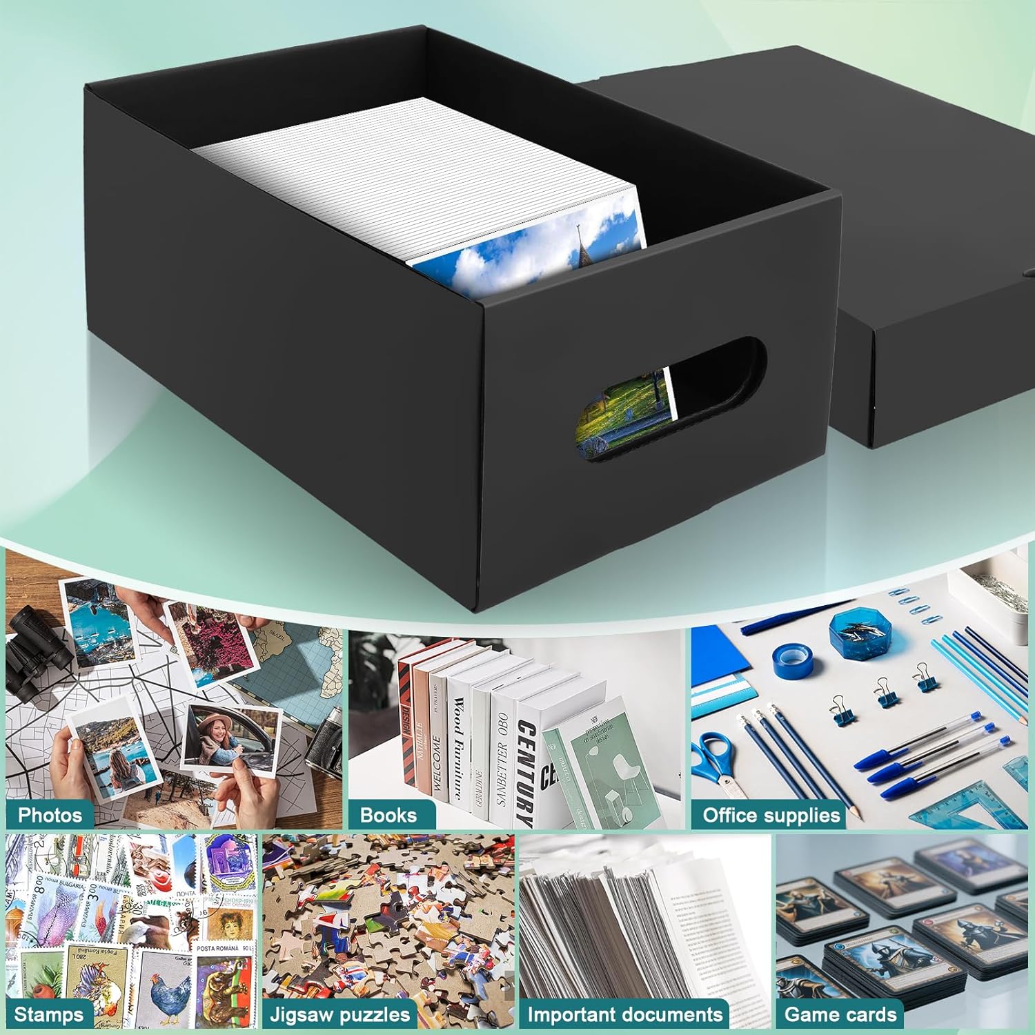 10PCS Photo Storage Box for 5"x7" Photos,12.8“ x 7.87“ x 5.3“ Picture Box Store and Protect Pictures with Lid, Photo Storage Box Documents Black