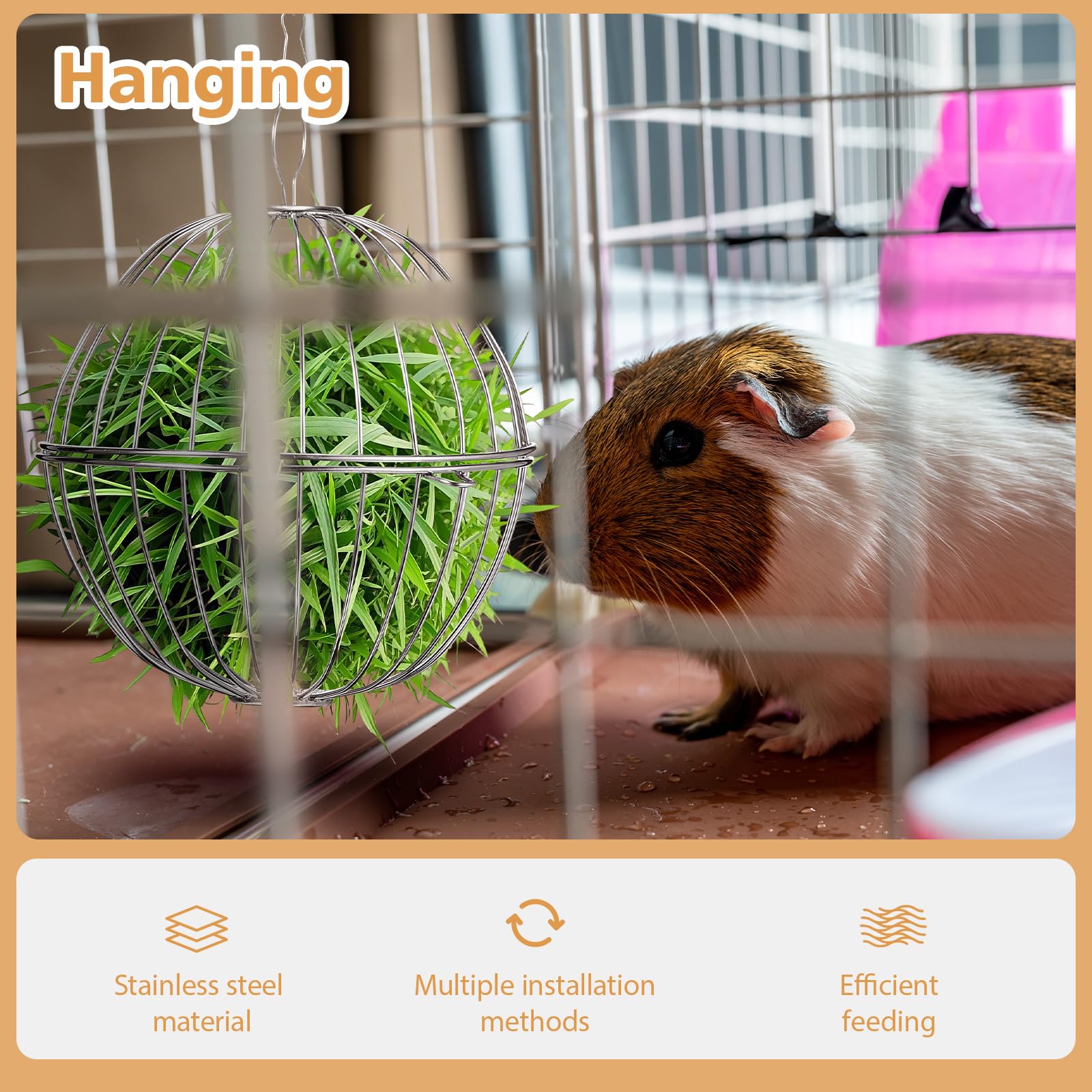 2 Pack Rabbit Hay Ball Feeder Stainless Steel Hanging Hay Holder Dispenser Small Animal Grass Feeder Rack Ball Toy for Bunny Hamster Guinea Pig Chinchilla Gerbils Cage Accessories Supplies - image 6