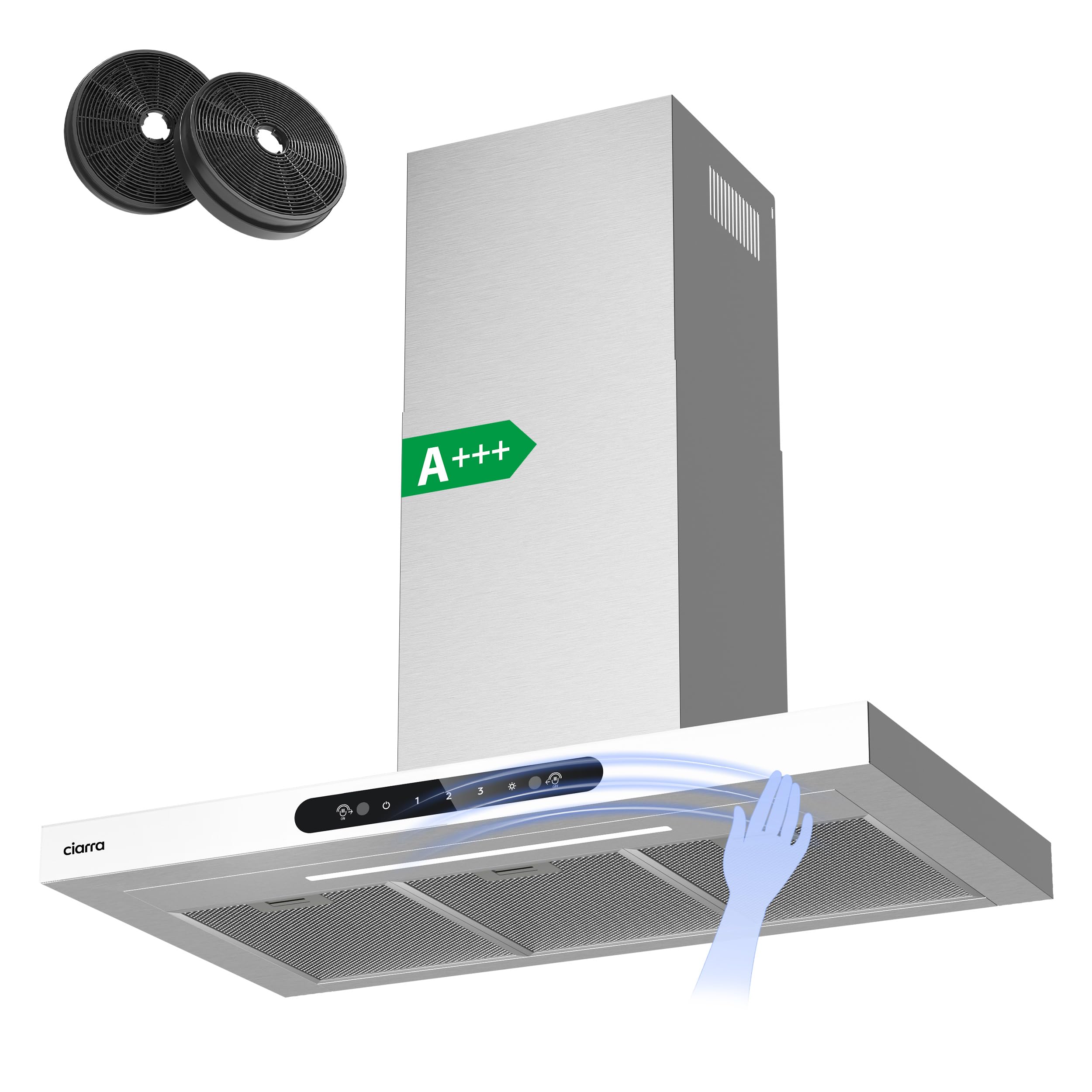 Ciarra AW9102-W Dynamic A+++ Campana extractora 90 cm Recirculación 693 m³/h 61 dB Control de gestos Campana de pared Acero inoxidable Vidrio Blanco