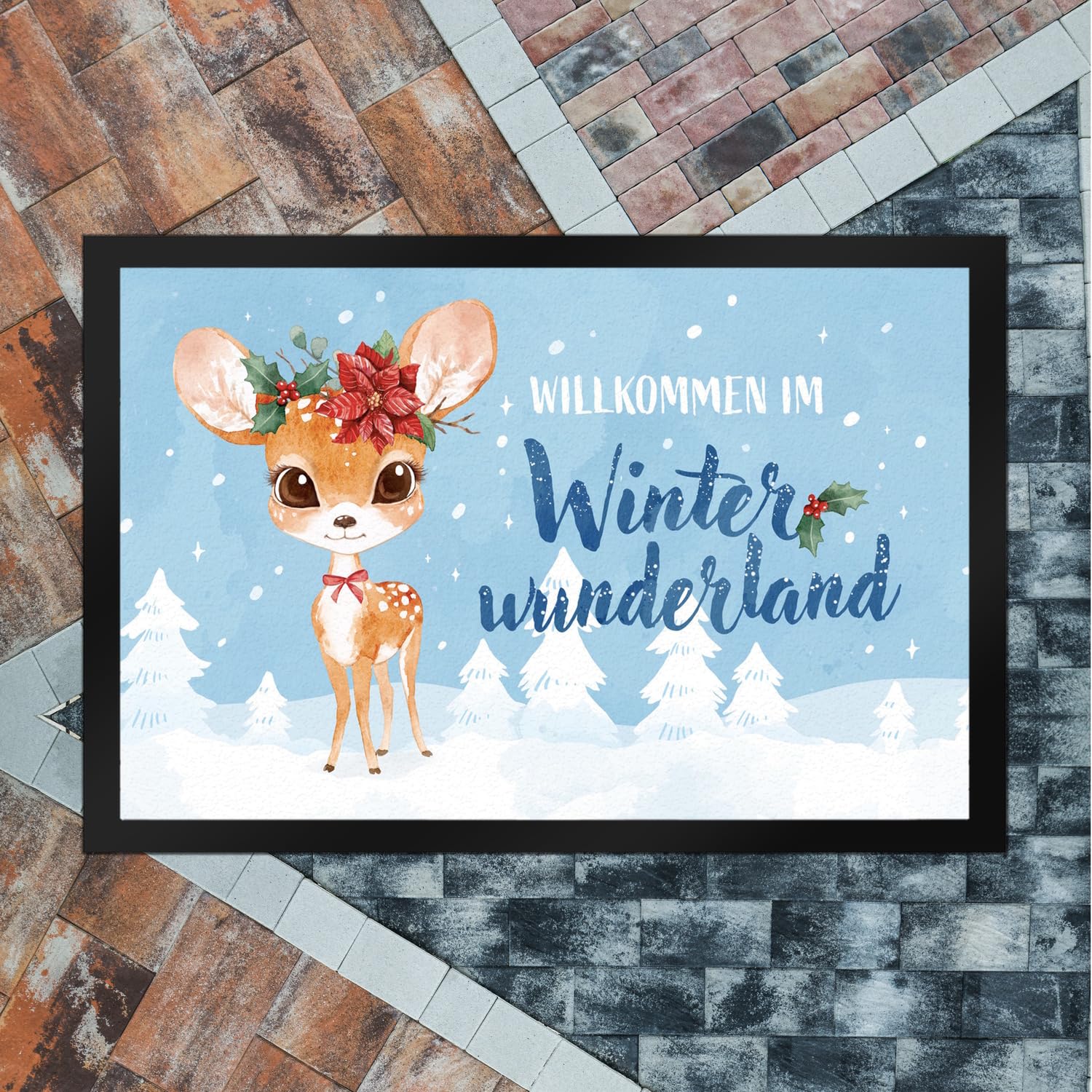speecheese Rehkitz Fußmatte XXL in 50x75 cm mit Spruch Willkommen im Winterwunderland eine weihnachtliche Türmatte für die Wintermonate oder Weihnachten