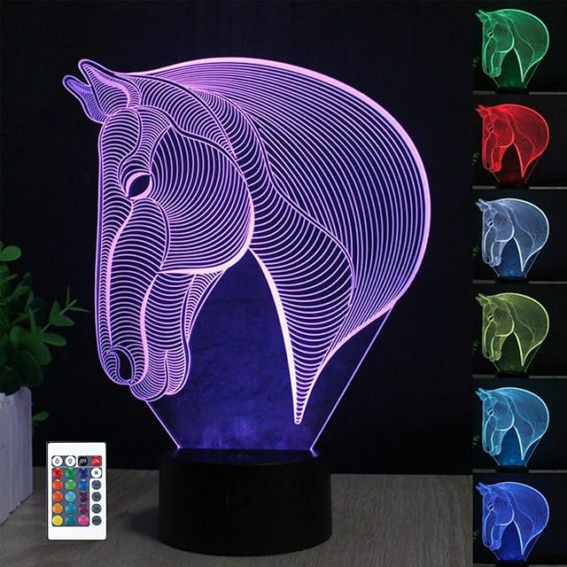 3D Horse Head Illusion Lamp, 3D Night Light for Boys Girls Table Desk Lamp 7 Color Changing Home Decoration Acrylic LED Art Sculpture Lights with Remote Control - Perfect Gifts for Birthday Festival