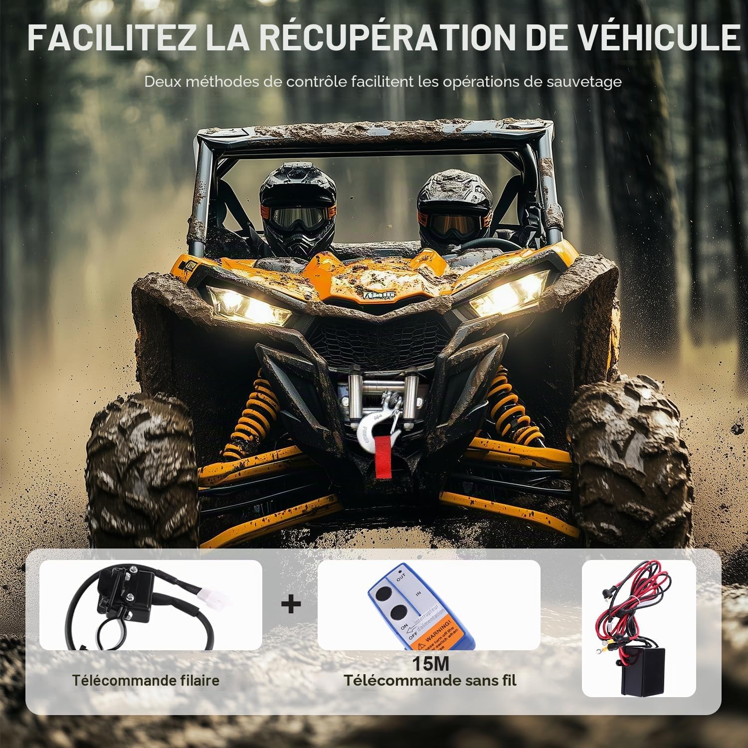 VOBOR Treuil électrique 12 V 4000 lb avec télécommande radio et interrupteur à main, treuil électrique et treuil de levage pour bateau, ATV et chasse (4,8 mm x 15 m)