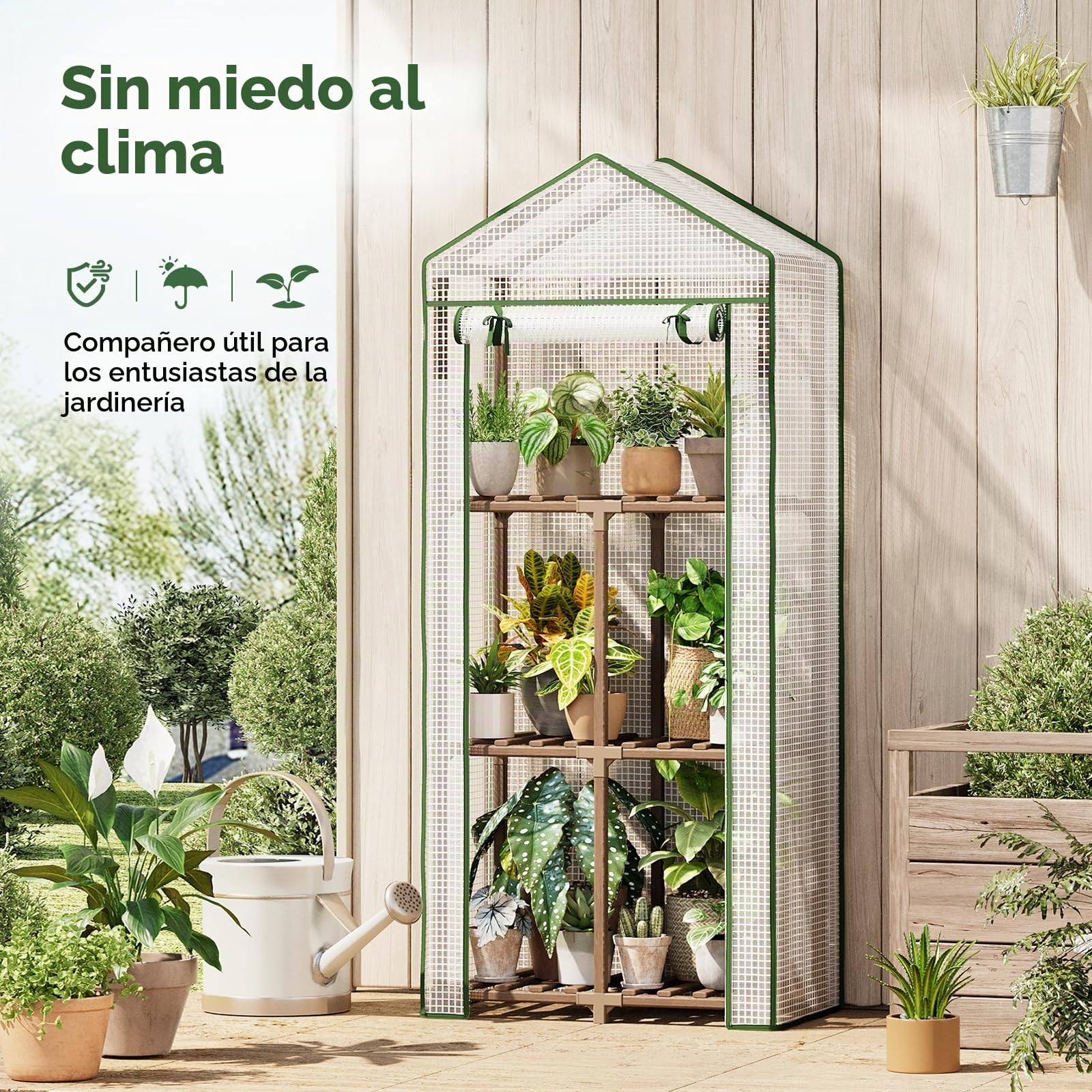 Bamworld Invernadero Exterior Invernadero Pequeño 3 Niveles Portátil y Reutilizable con Cubierta de PE para Jardín Terraza y Patio Protección Invernal para Plantas Marco de Eucalipto Robusto