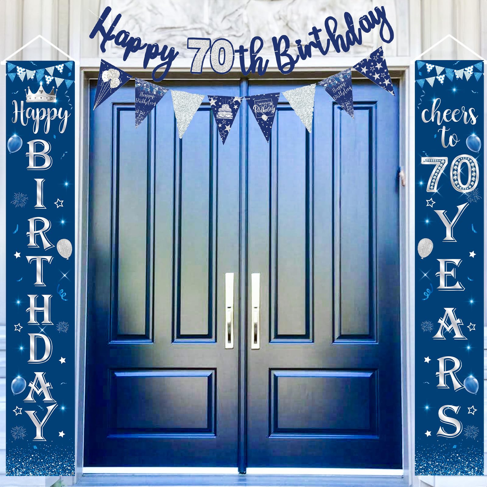 70th Birthday Decorations Kit - Blue Silver, Happy Birthday Door Banner & Porch Sign, Triangle Flags for Men's 70th Party