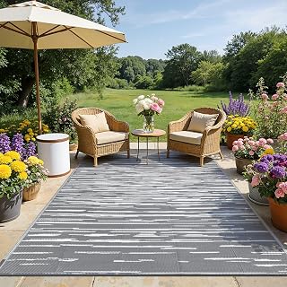 SHACOS Outdoor Teppich Wetterfest Grau Groß 270x360 cm Terrassenteppich Wendbar Gartenteppich Balkonteppich Wasserfest Außenteppich Kunststoff Outdoor Teppich für Balkon, Deck, Hinterhof