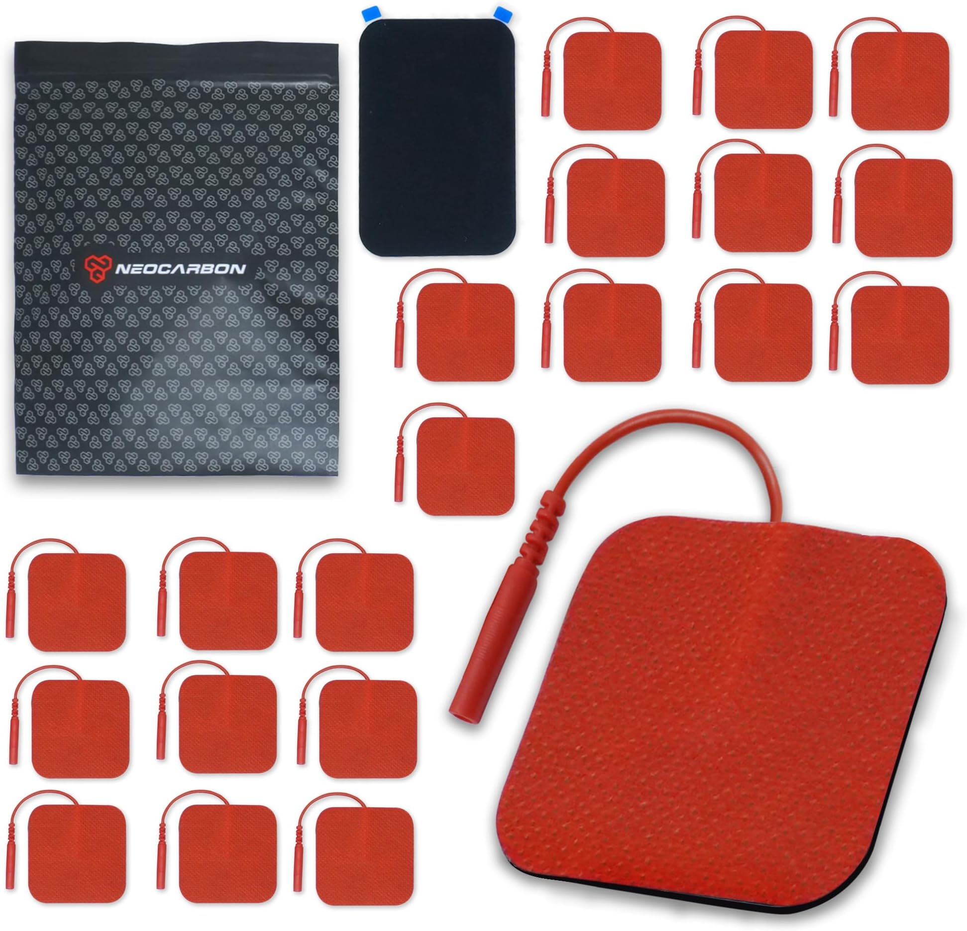 Neocarbon Reusable Electrode Pads for TENS Pro EMS Unit, Premium Replacement Square Pads with Plastic Holder, Set of 10 Pairs, Red