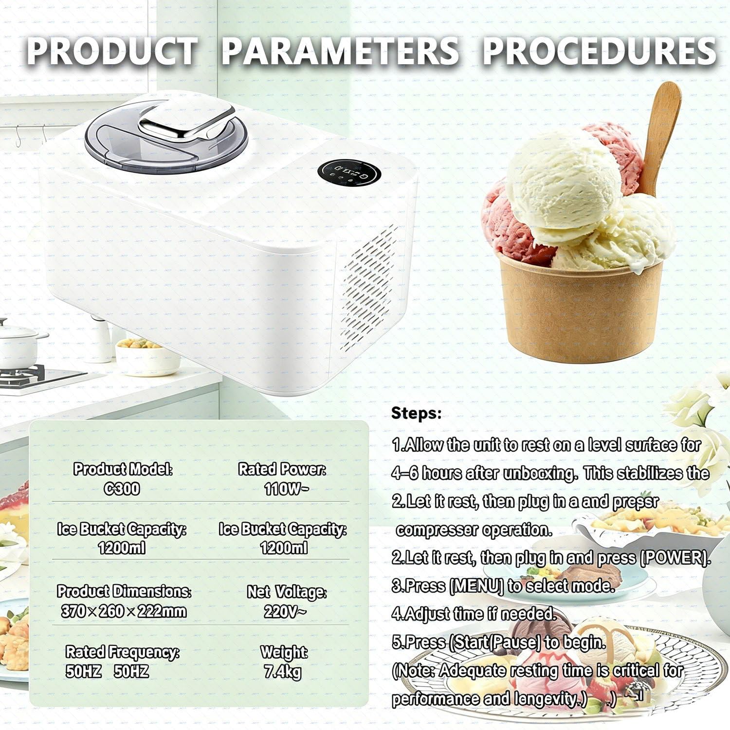 Heladera y Postrera Automática 1,2L | Compresor | Sin Precongelado | Máquina Helado Suave para Helado, Sorbete & Yogur en 30 Min – 4 Modos, Pantalla Digital, Mantiene Frío 10 Min