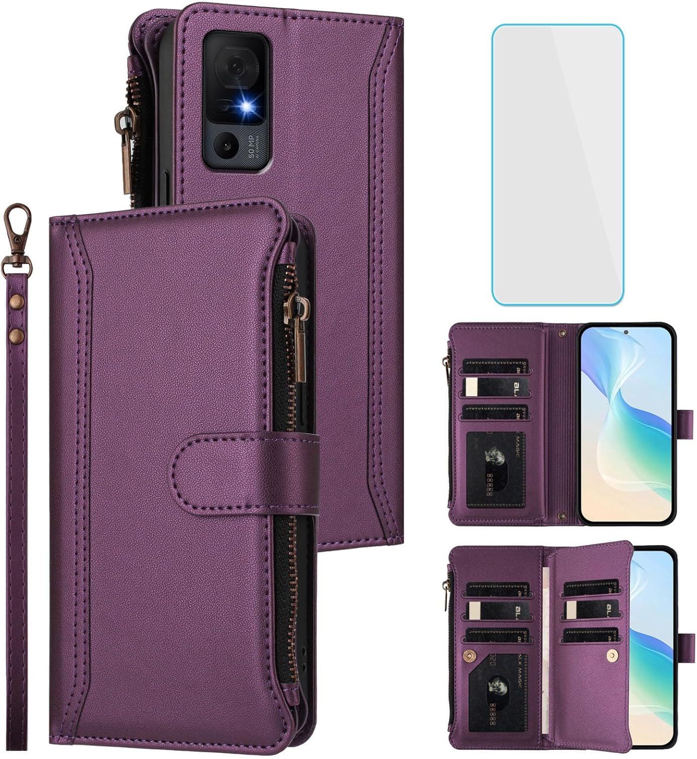 for TCL 40 XL/Lively Jitterbug Smart 4 Phone Wallet Case Wallet with Screen Protecter [9 Card Slots] Leather Zipper Pocket Flip Kickstand Cell Phone Cover for TCL40 XL T Lively Smart4 Purple