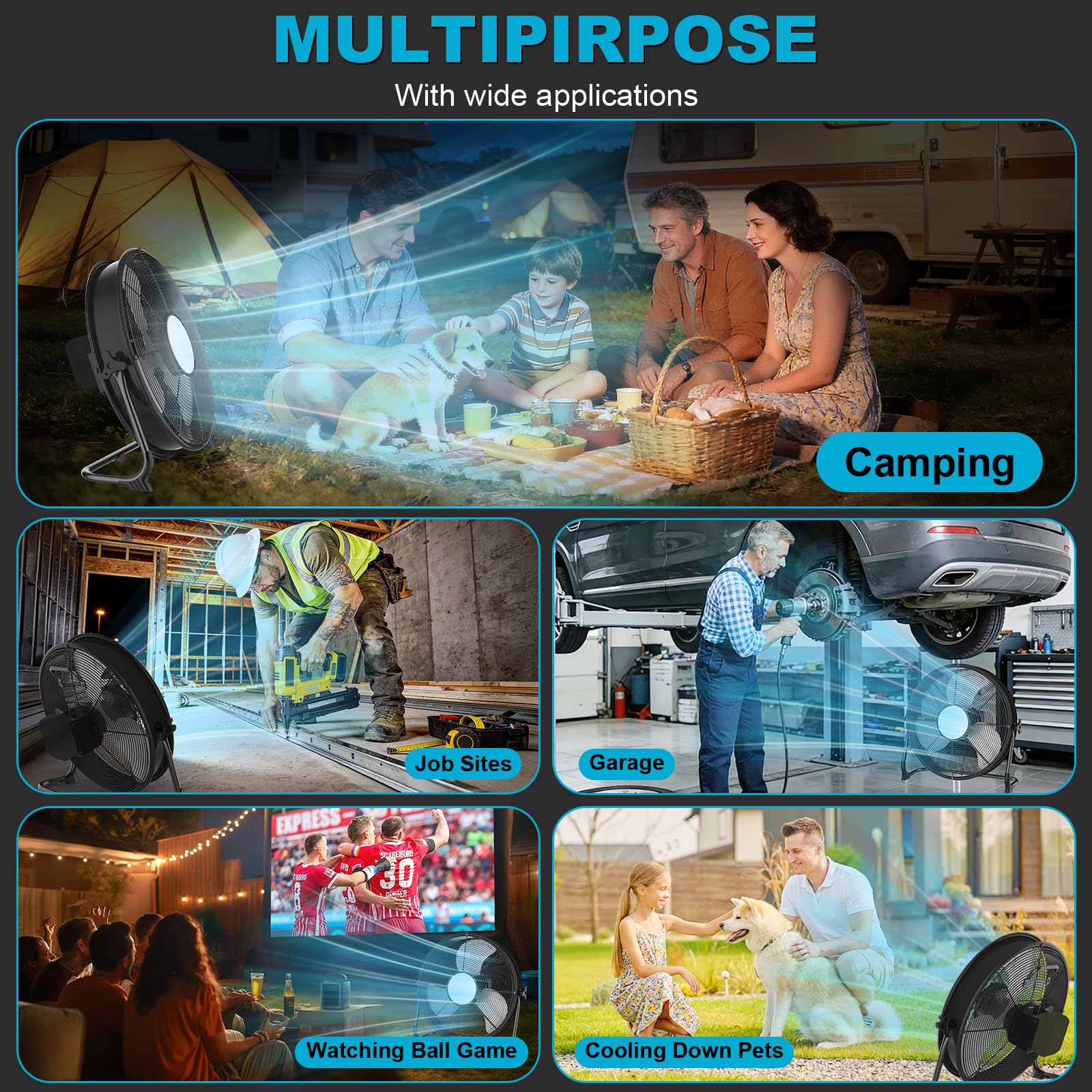T-SUN 40CM Ventilador de Suelo Industrial compatible con Batería Ma-kita/Adaptador de CA Ventilador de pie Portatil con 1450LM Luz LED, Regulación Continua de la Velocidad para Camping(Sin Batería)