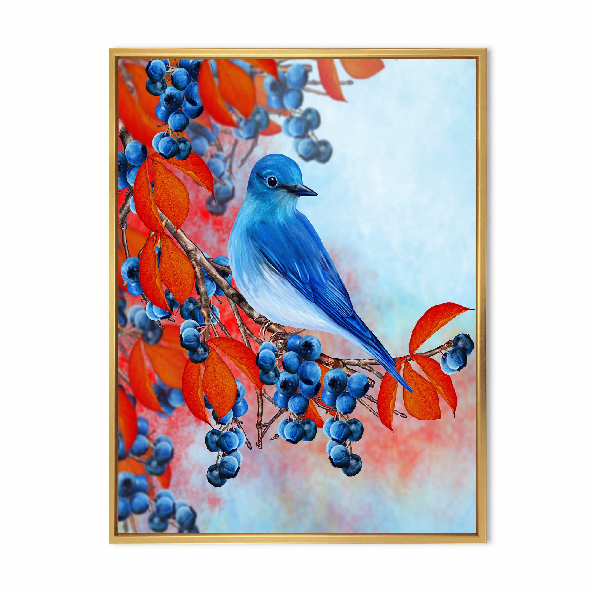 DesignQBright Bird Bullfinch Sitting on A Branch III - Traditional Framed Canvas Wall Art Print