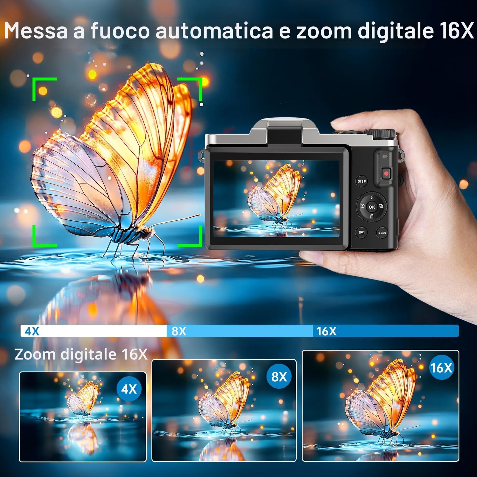 Macchina Fotografica Digitale con WiFi, 4K 64MP Autofocus Fotocamera Compatta, Digitale Camera con 16X Zoom 3" Flip 180° Videocamera con Scheda di Memoria Da 32GB per Principianti e Adolescenti