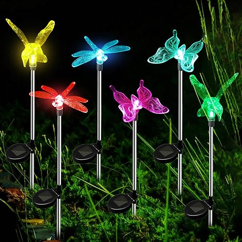 Miniatura 1 de Anordsem Paquete de 6 luces de jardín para decoración al aire libre, con energía solar, mariposa, libélula y colibrí, decoración para patio