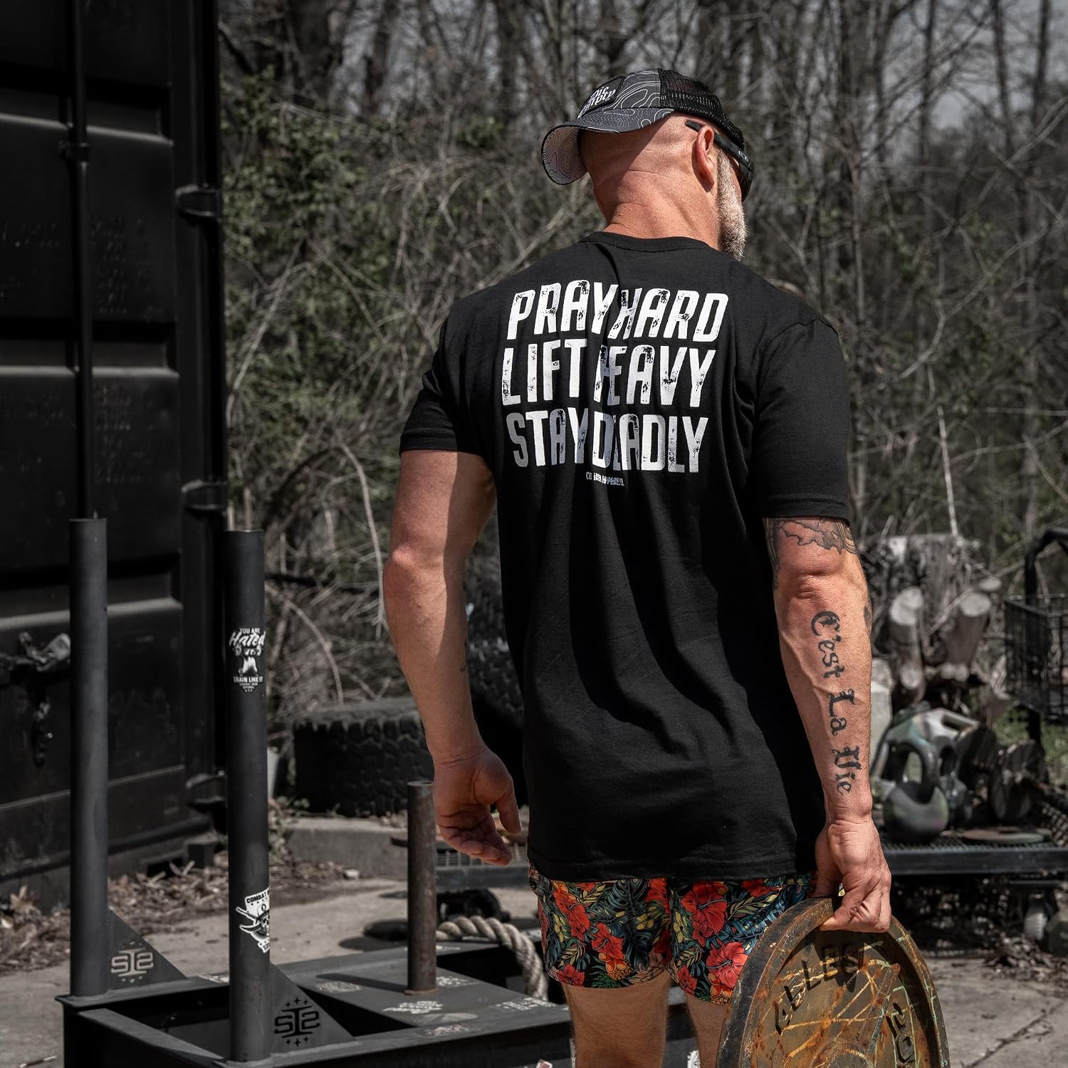 Combat Iron Men’s Graphic T-Shirt – Pray Hard, Lift Heavy, Stay Deadly v2, Athletic Fit Everyday Tee