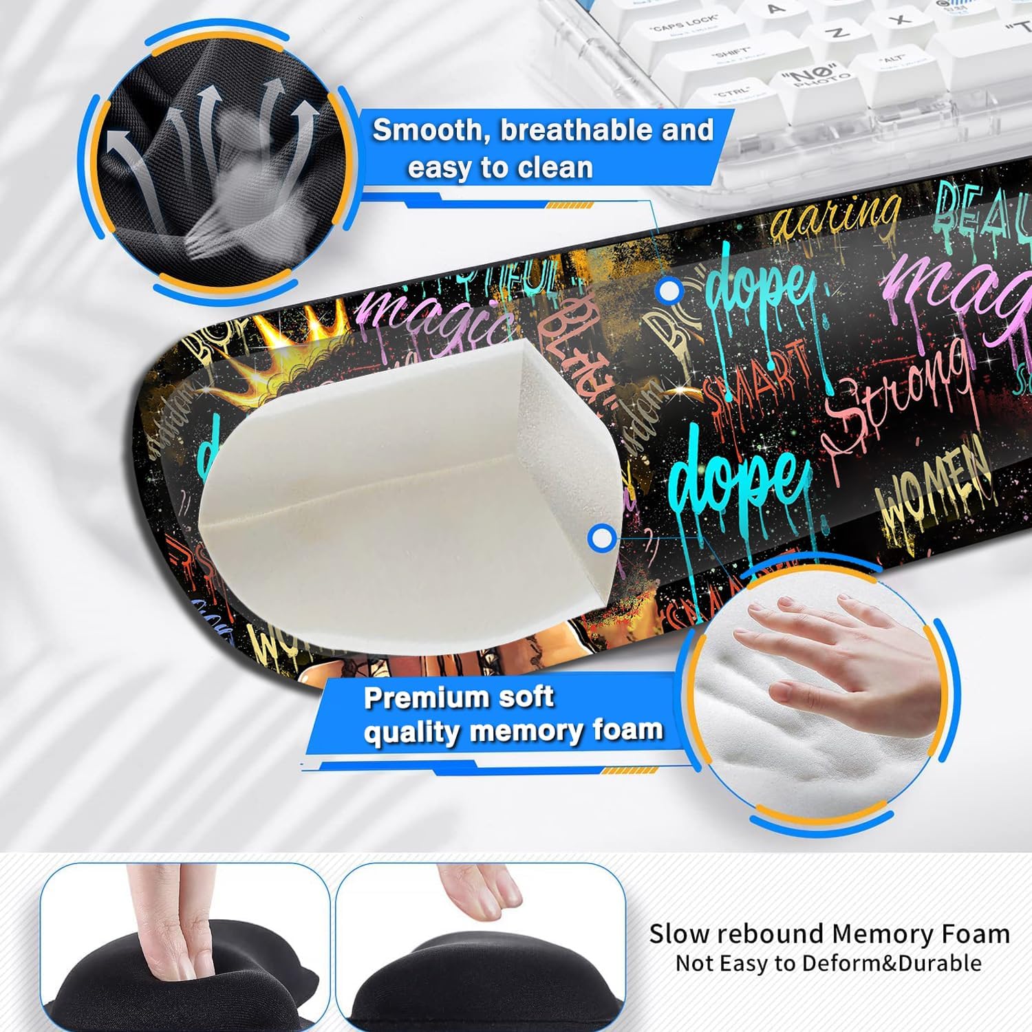 Large Gaming Mouse Pad+ Keyboard Wrist Rest Set, Ergonomics Memory Foam Mouse Mat Wrist Rest Support, Waterproof Extended Mousepad 31.5x11.8in, African American Black Women Graffiti Girl Desk Pad