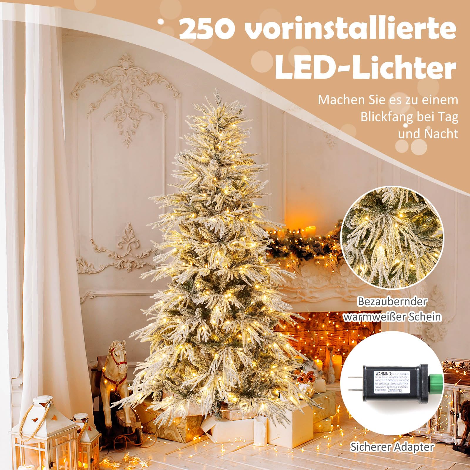 COSTWAY Sztuczna choinka z oświetleniem i śniegiem, 180 cm, z 250 diodami LED o ciepłej białej barwie i 594 gałązkami, choinka, sztuczne drzewko bożonarodzeniowe do domu