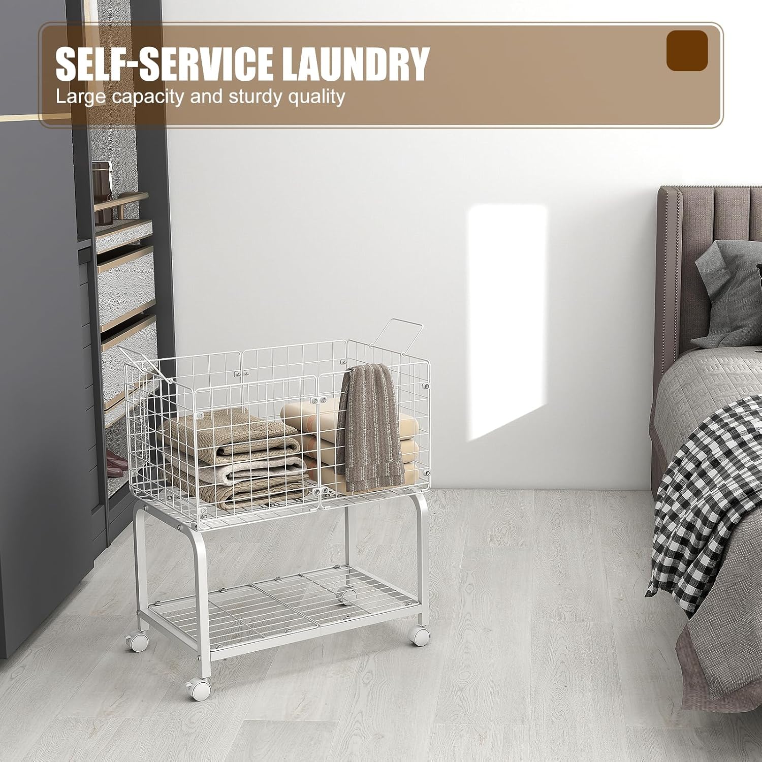 2-Tier Rolling Laundry Basket Cart with Wheels,Bathroom Laundry Hamper Cart with Handle and Divider,Multi-Purpose Storage Organizer for Laundry Room, Bathroom, Kitchen, Bedroom