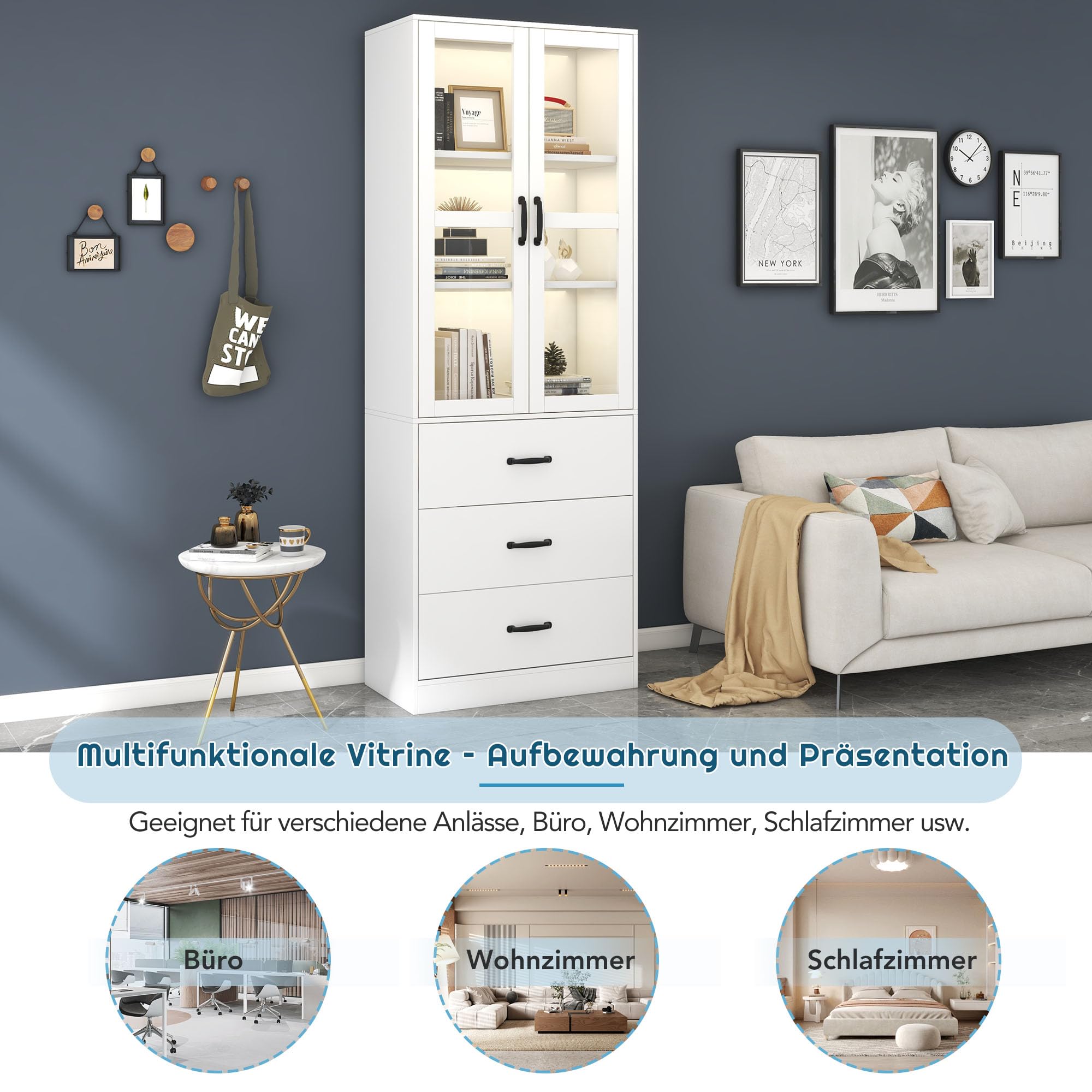 Vitrina blanca, estantería con puertas, armario de cocina grande, armario de despensa, estantería de lujo con luz LED, armario de vitrina con estantes para sala de estar, dormitorio (60 W x 40D x 200
