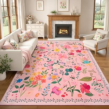 ISEAU 6x9 Area Rug for Living Room,Washable Rugs for Bedroom Dorm, Pink | Floral Rugs with Non-Slip Botton, Low-Pile Indoor Carpet for Bedroom Kids Playroom Nursery Office Dining Room Dorm Decor