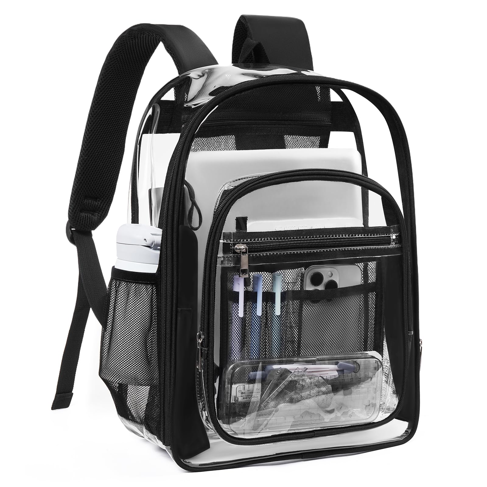 Telena Clear Backpack with Multi-pockets, Heavy Duty TPU Transparent Bag with Reinforced Straps, Large See Through Bookbag for College, Work - Black